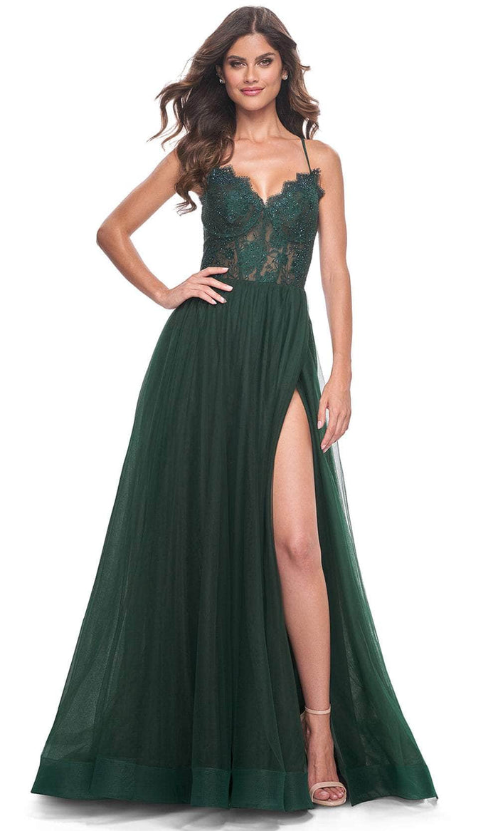 La Femme 32306 - V-Neck Sheer Lace Bodice Prom Dress Evening Dresses 00 / Dark Emerald