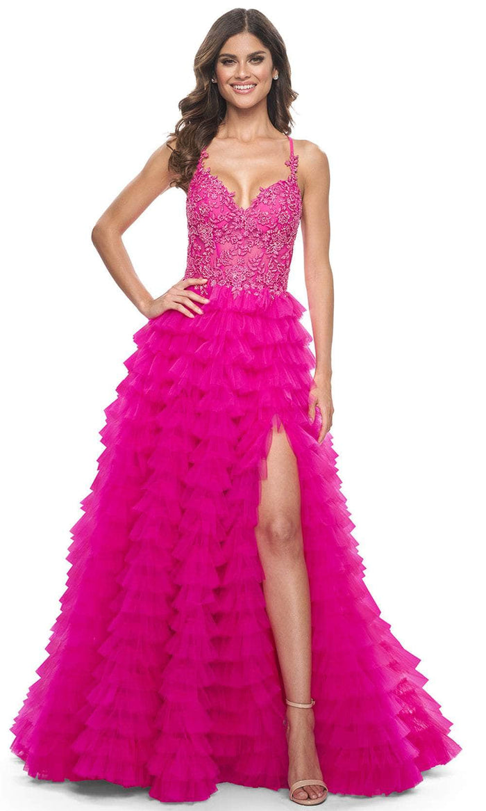 La Femme 32334 - Lace Applique Ruffled A-Line Prom Gown Prom Dresses 00 / Hot Fuchsia