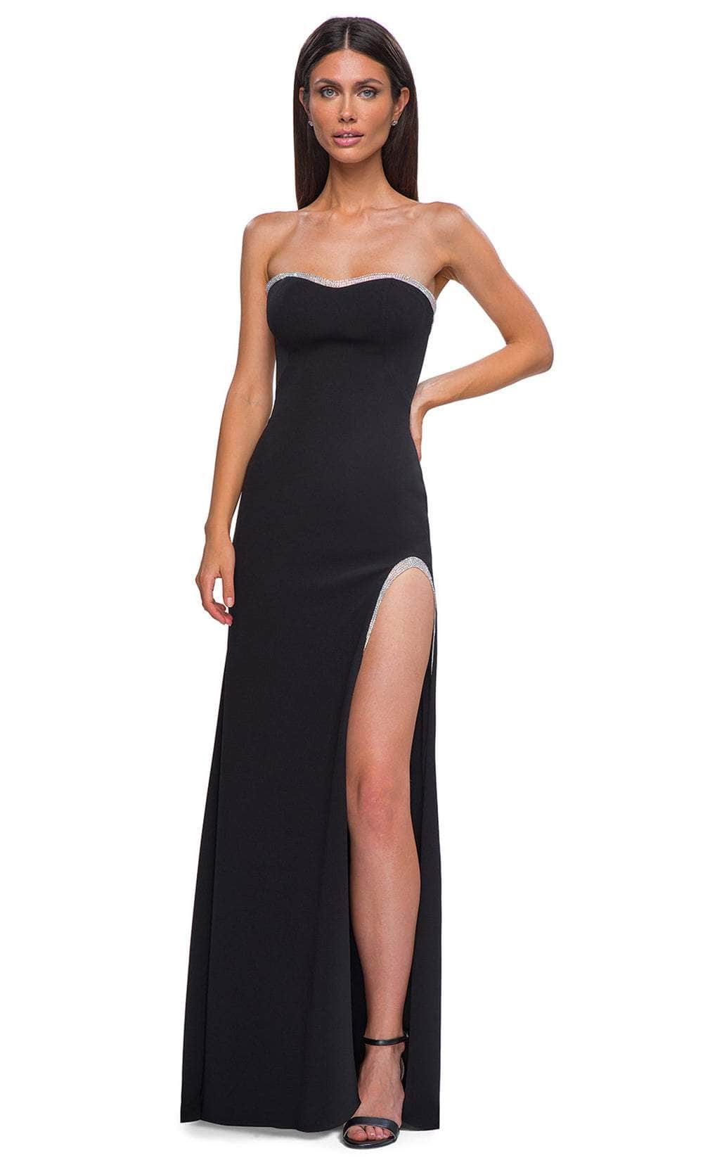 La Femme 32825 - Long Jersey Sheath Dress - Strapless, Fitted Bodice, Seams, Ruched, Illusion Back, Exposed Boning, Back Zipper Closure, Slit, Train Couture Candy La Femme 32825 - Long Jersey Sheath Dress - Strapless, Fitted Bodice, Seams, Ruched, Illusion Back, Exposed Boning, Back Zipper Closure, Slit, Train Couture Candy