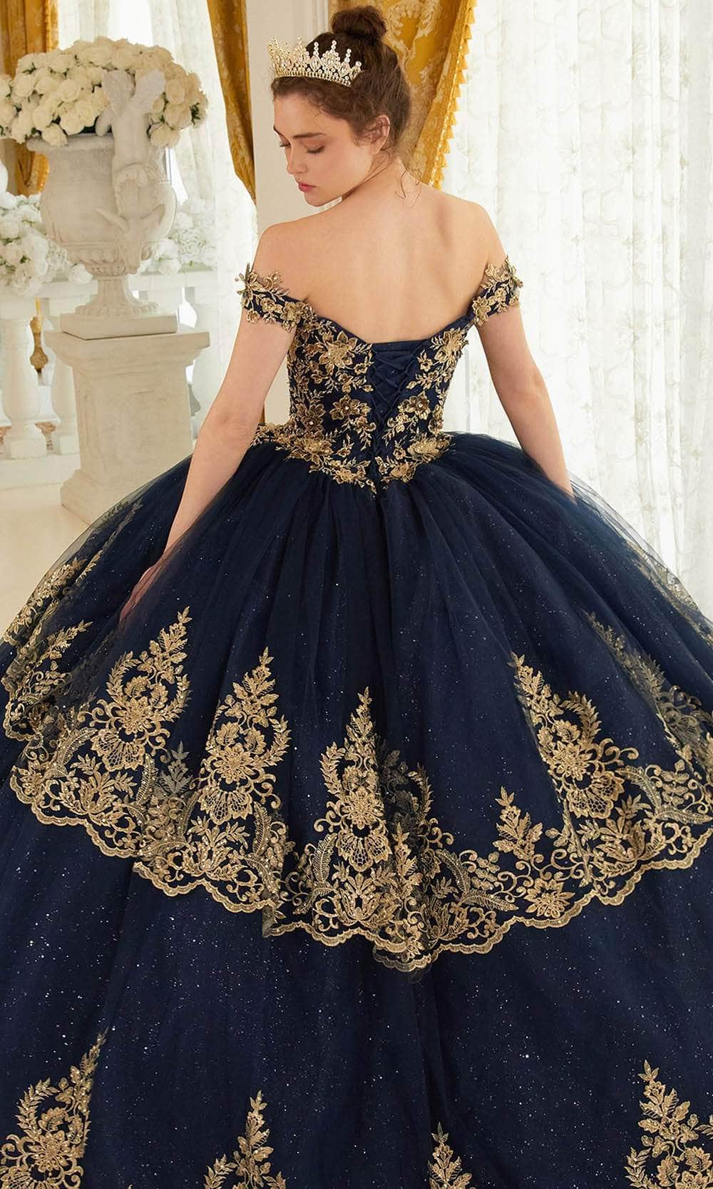 LaDivine 15705 Ball Gown Long Lace Quinceanera Dress - Navy Gold / L LaDivine 15705 Ball Gown Long Lace Quinceanera Dress - Navy Gold / L