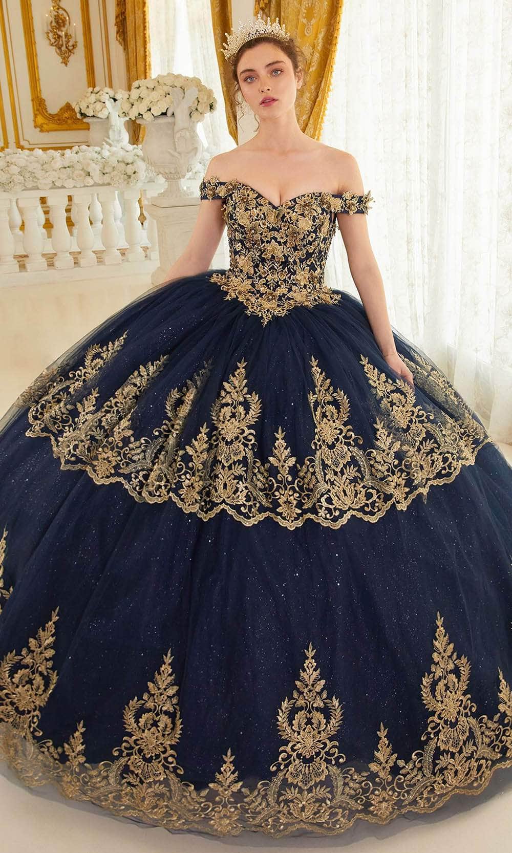 LaDivine 15705 Ball Gown Long Lace Quinceanera Dress - Navy Gold / L LaDivine 15705 Ball Gown Long Lace Quinceanera Dress - Navy Gold / L