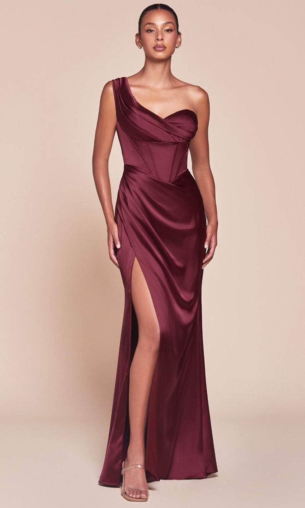 ladivine burgundy dress Sheer-Corset Strapless Long Prom Dress with Side Drape PromGirl