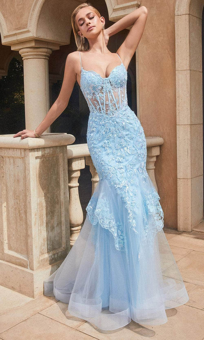 Ladivine 9316 - Sleeveless Sheer Corset Embroidered Prom Gown Prom Dresses 2 / Blue
