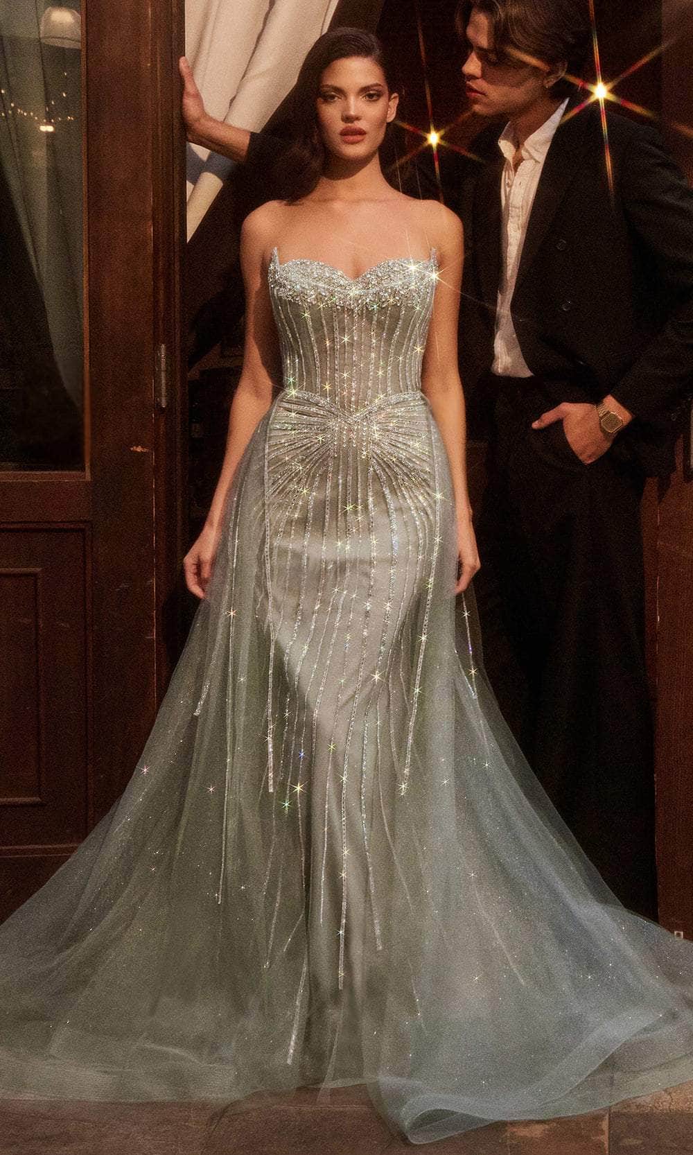 Ladivine CB158 Elegant Formal Fitted Gown with Overskirt Smoky Blue / 4 Ladivine CB158 Elegant Formal Fitted Gown with Overskirt Smoky Blue / 4