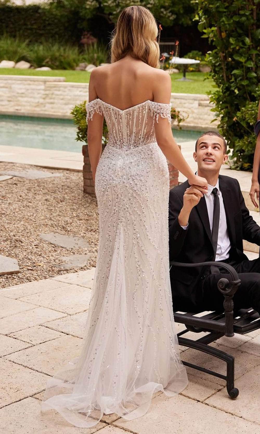 Ladivine CD0203W Off The Shoulder Sequin Wedding Gown, Off White / XS Ladivine CD0203W Off The Shoulder Sequin Wedding Gown, Off White / XS