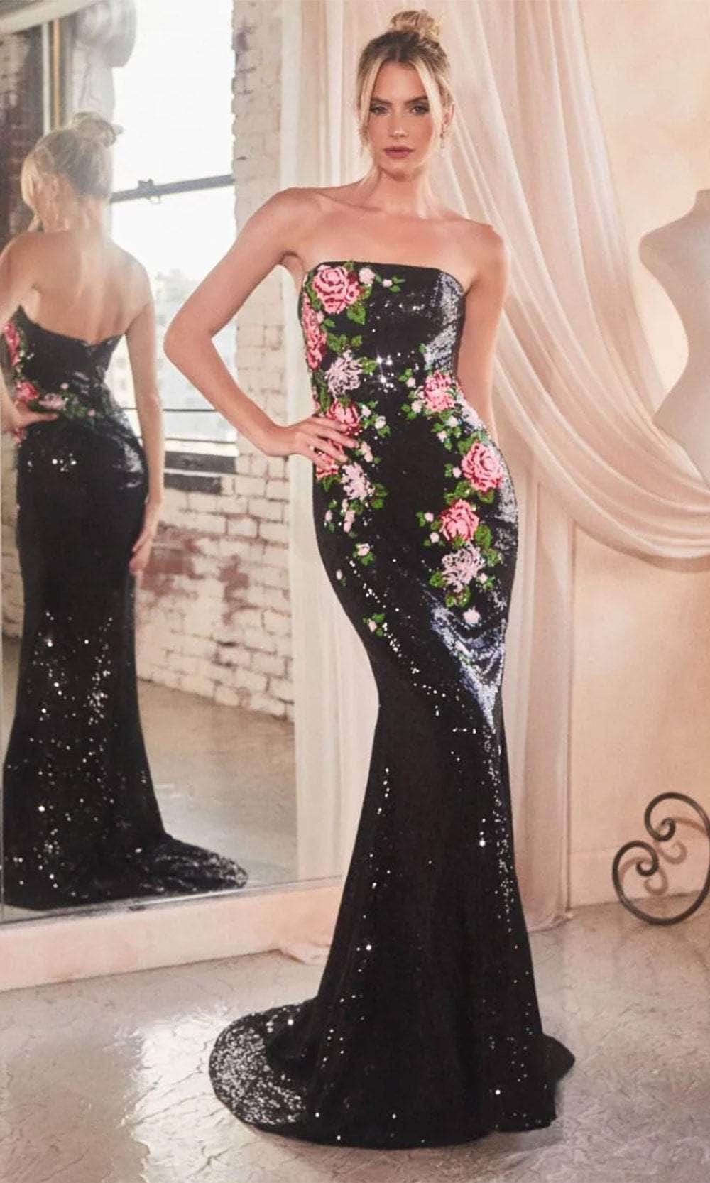 Strapless Long Sequin Floral Formal Dress CD811 - Black / 8 Strapless Long Sequin Floral Formal Dress CD811 - Black / 8