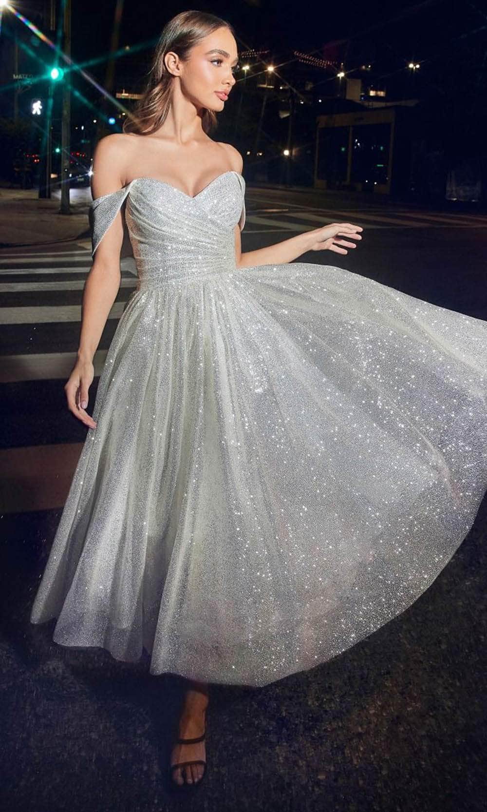 Ladivine CD869W - Off-Shoulder A-line Tea-Length Dress Ladivine CD869W - Off-Shoulder A-line Tea-Length Dress