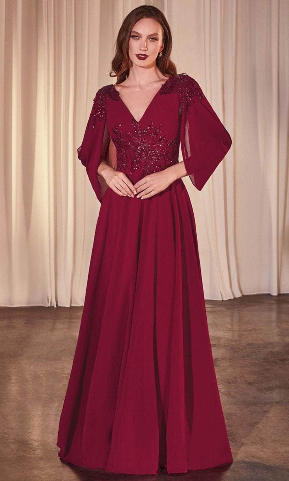 Ladivine CDS508 - Long Chiffon A-Line Dress - Sheer Split Sleeves, Lace Appliques, Embellishments, V-Open Back, Zipper Closure, Floor Length Hem Couture Candy Ladivine CDS508 - Long Chiffon A-Line Dress - Sheer Split Sleeves, Lace Appliques, Embellishments, V-Open Back, Zipper Closure, Floor Length Hem Couture Candy