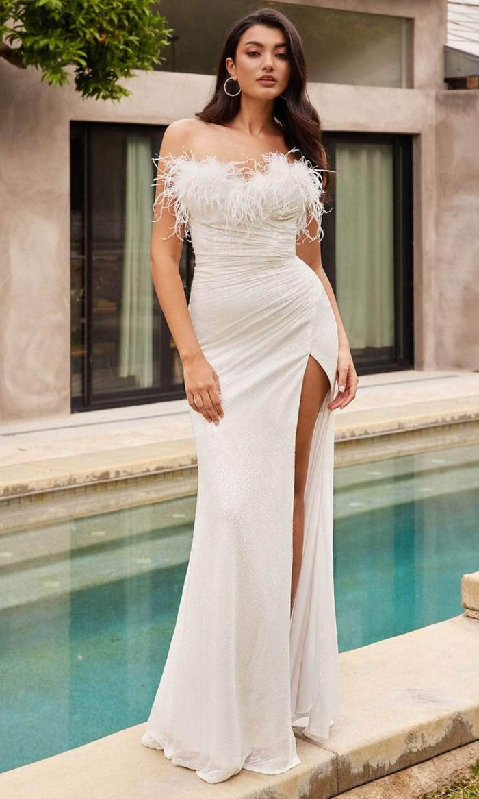 Ladivine CH147W - Strapless Feather Detailed Bridal Gown Bridal Dresses XXS / Off White