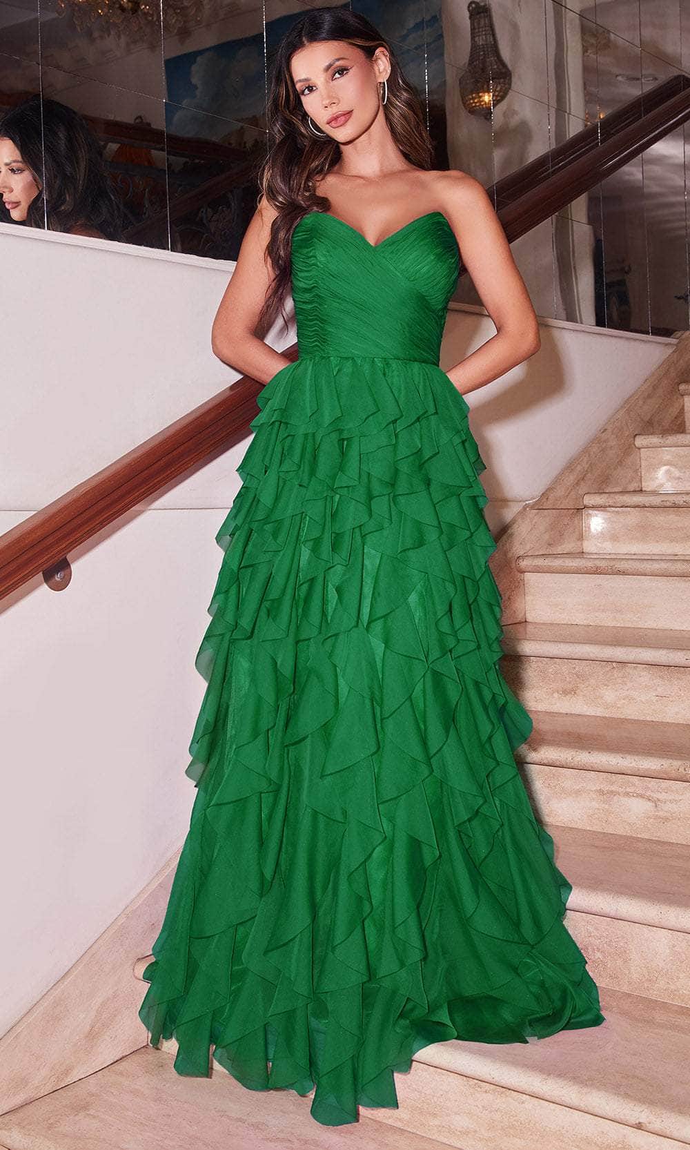 Strapless Long A-Line Prom Dress with Ruffles Emerald / 6