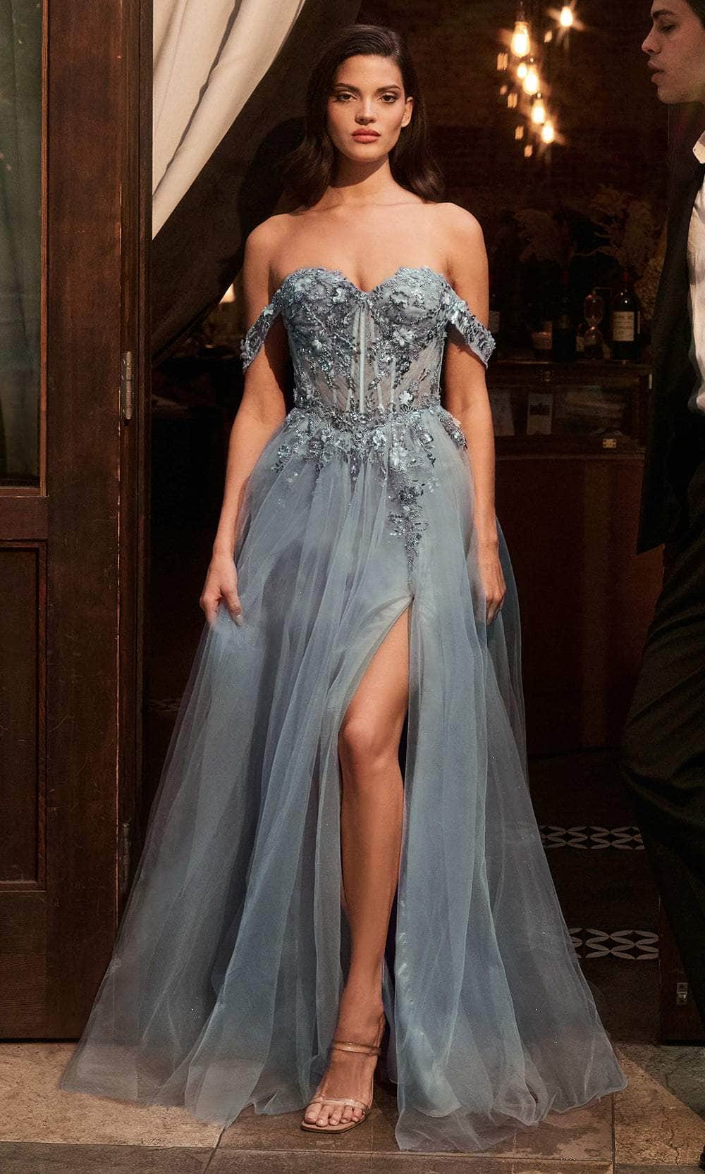 LaDivine KV1126 A Line Long Formal Slit Corset Prom Gown - Smoky Blue / 12 LaDivine KV1126 A Line Long Formal Slit Corset Prom Gown - Smoky Blue / 12