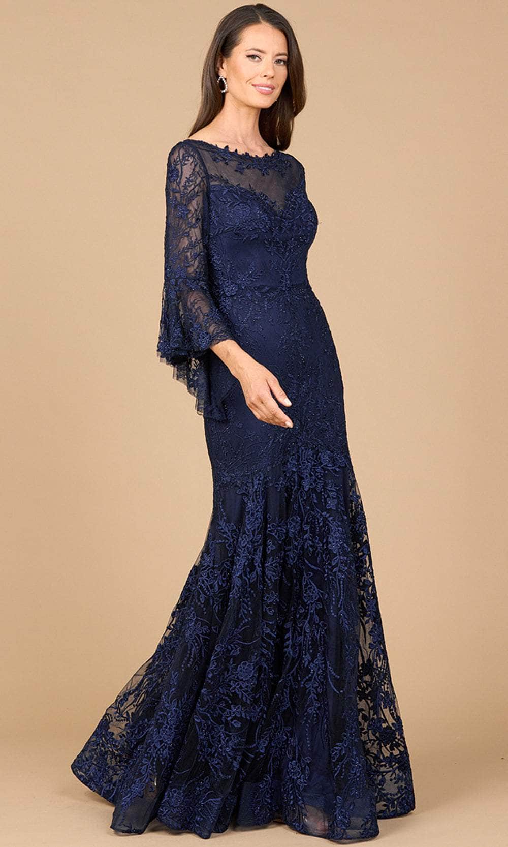 Lara Dresses 28906 - Long Stretch Jersey Mermaid Dress - Long Bell Sleeves, Lace Applique, Beaded, Mid-Open Back, Horsehair Hem, Back Zipper Closure Lara Dresses 28906 - Long Stretch Jersey Mermaid Dress - Long Bell Sleeves, Lace Applique, Beaded, Mid-Open Back, Horsehair Hem, Back Zipper Closure