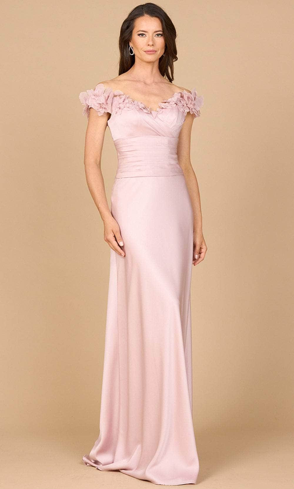 Lara Dresses 28917 - Long Satin A-Line Dress - Off Shoulder, Cap Sleeve, 3D Floral Applique, Pleated, Wide Waistband, V-Back, Floor Length 18 / Blush Lara Dresses 28917 - Long Satin A-Line Dress - Off Shoulder, Cap Sleeve, 3D Floral Applique, Pleated, Wide Waistband, V-Back, Floor Length 18 / Blush