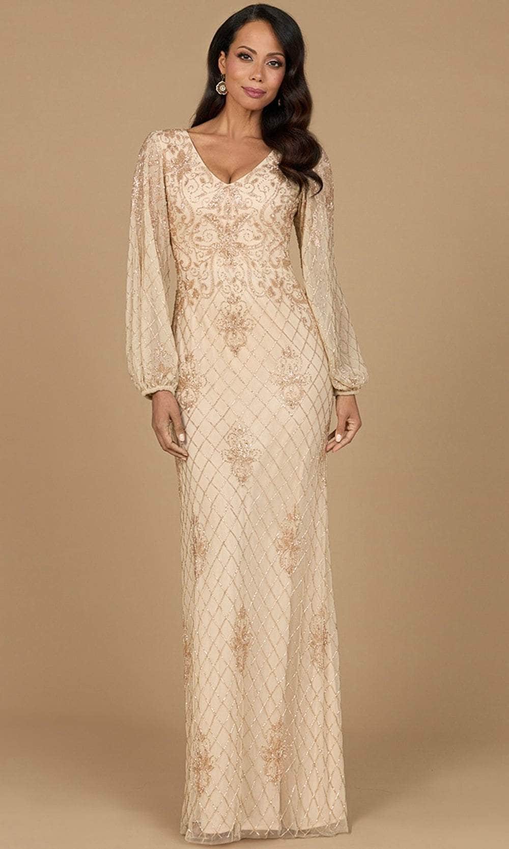 Lara Dresses 28955 - Long Beaded tulle on stretch knit lining Sheath Dress - Long Bishop Sleeve, Beaded, Scoop Back, Hidden Back Zipper Closure, Lara Dresses 28955 - Long Beaded tulle on stretch knit lining Sheath Dress - Long Bishop Sleeve, Beaded, Scoop Back, Hidden Back Zipper Closure,