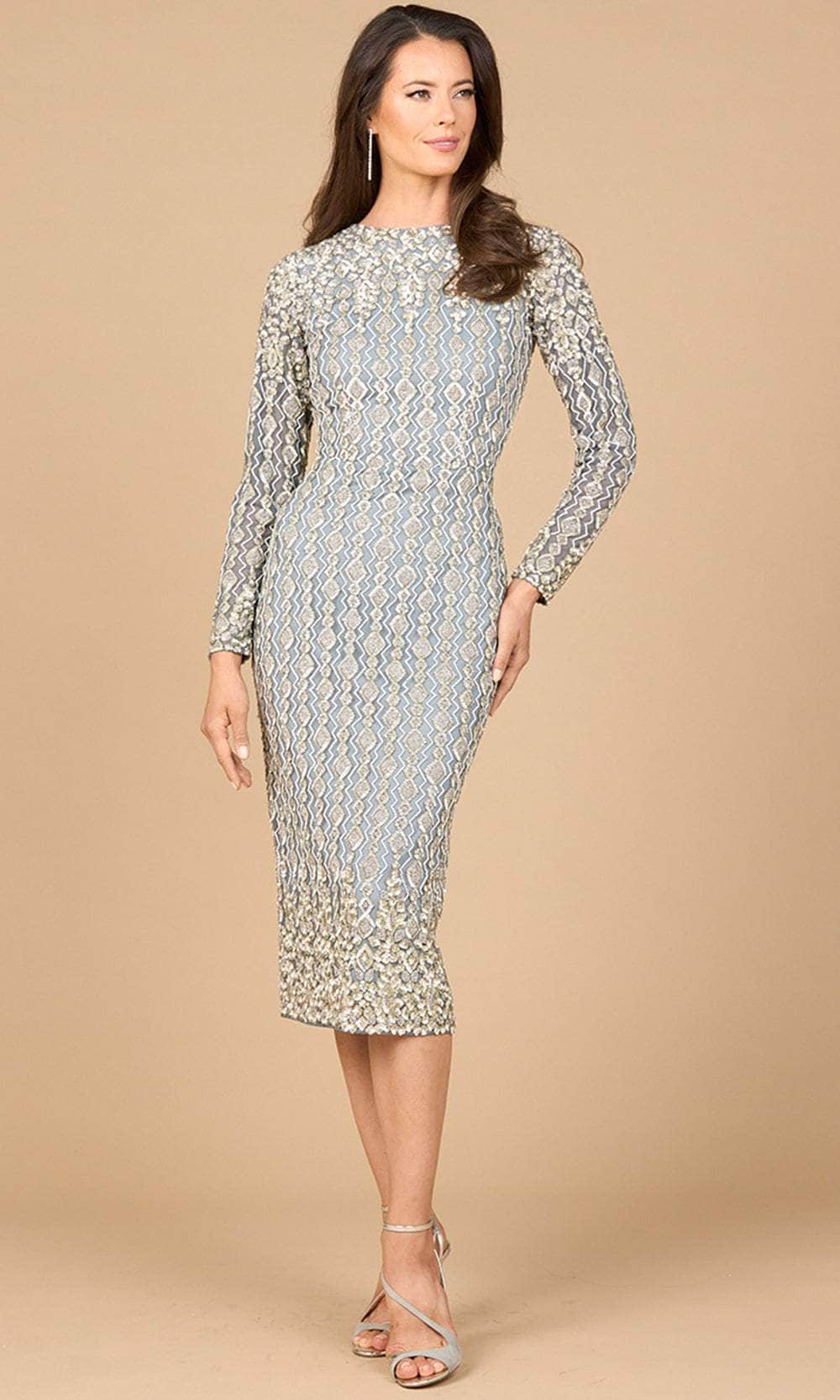 Lara Dresses 28982 - Tea Length Beaded tulle on stretch jersey lining Sheath Dress - Fully Beaded, Long Sleeves, Full Back, Hidden Back Zipper, Center Lara Dresses 28982 - Tea Length Beaded tulle on stretch jersey lining Sheath Dress - Fully Beaded, Long Sleeves, Full Back, Hidden Back Zipper, Center