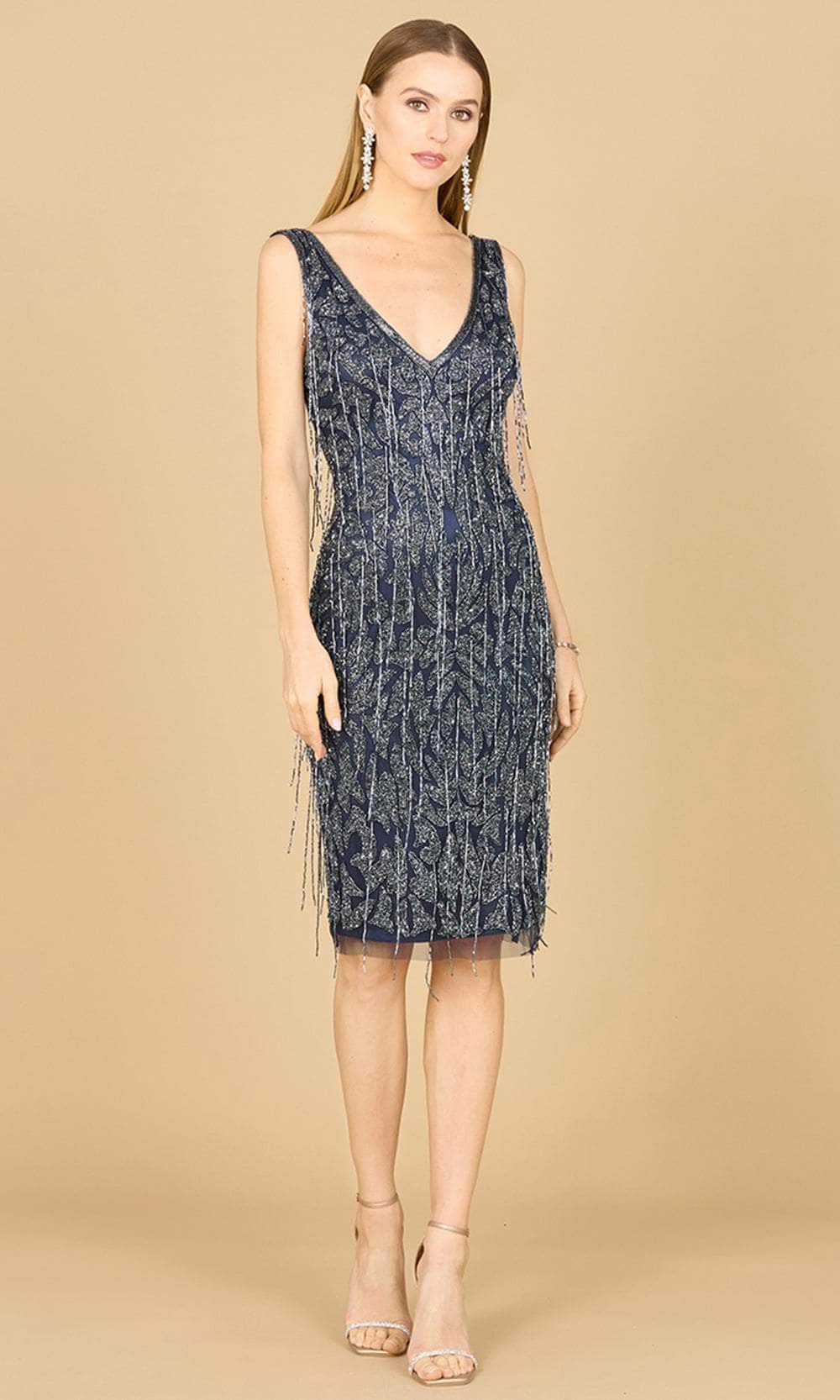 Lara Dresses 29216 Short Fitted Beaded Fringe Cocktail Dress - Navy / 2 Lara Dresses 29216 Short Fitted Beaded Fringe Cocktail Dress - Navy / 2