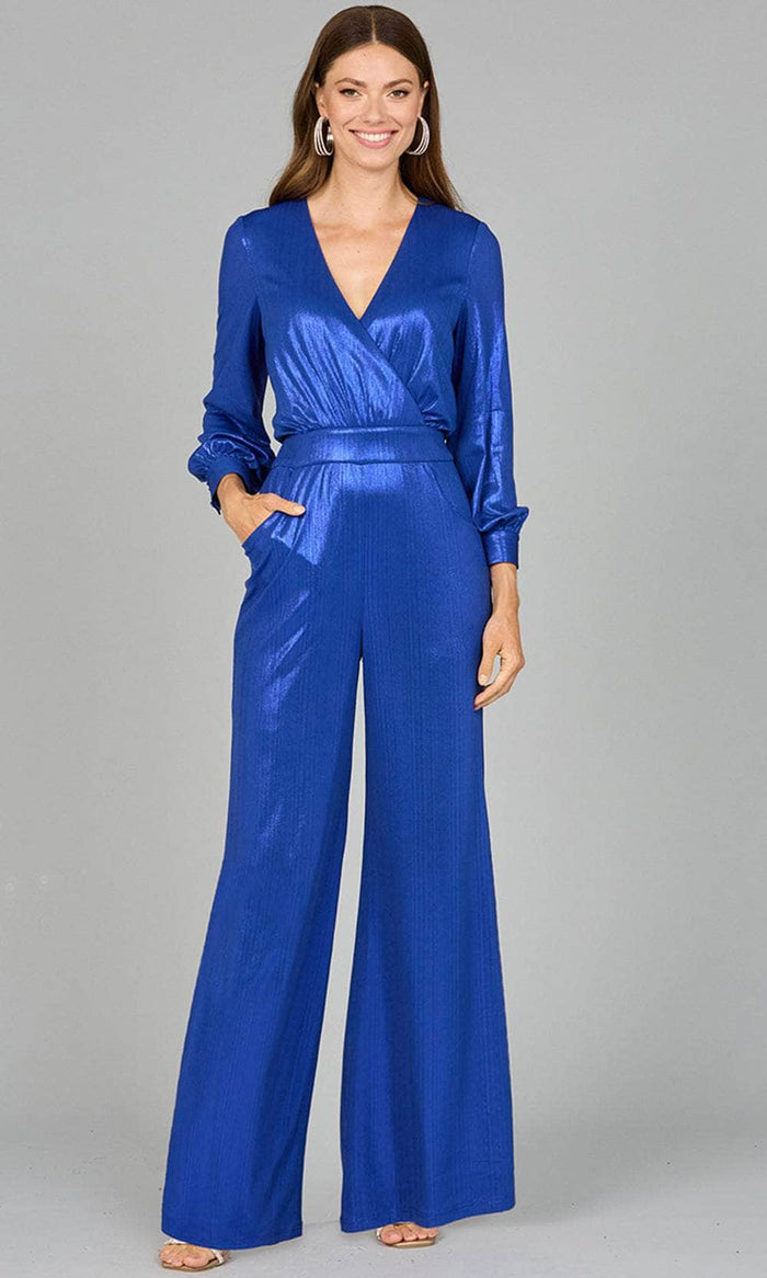 Lara Dresses 8121 - Metallic Jersey Jumpsuit Special Occasion Dress 4 / Blue