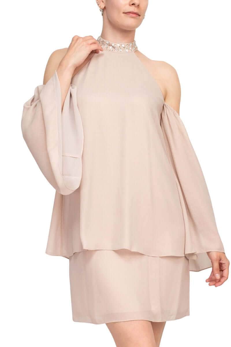 Laundry 98M15101 - Cold Shoulder Embellished Halter Neck Short Dress Laundry 98M15101 - Cold Shoulder Embellished Halter Neck Short Dress