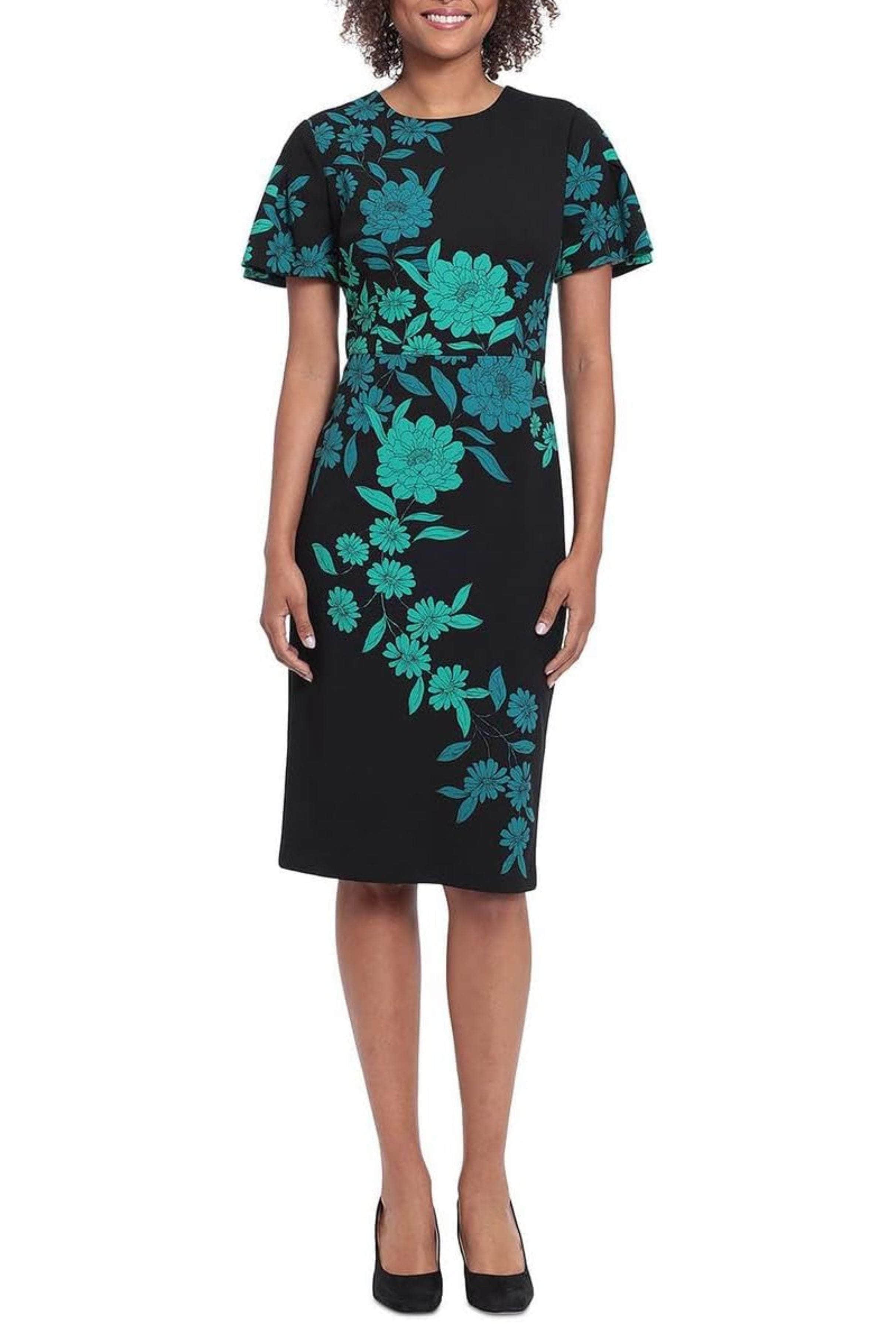 London Times Jewel Neck Pleated Flutter Sleeve Floral Dress in Black/Green at Nordstrom Rack, Size 4