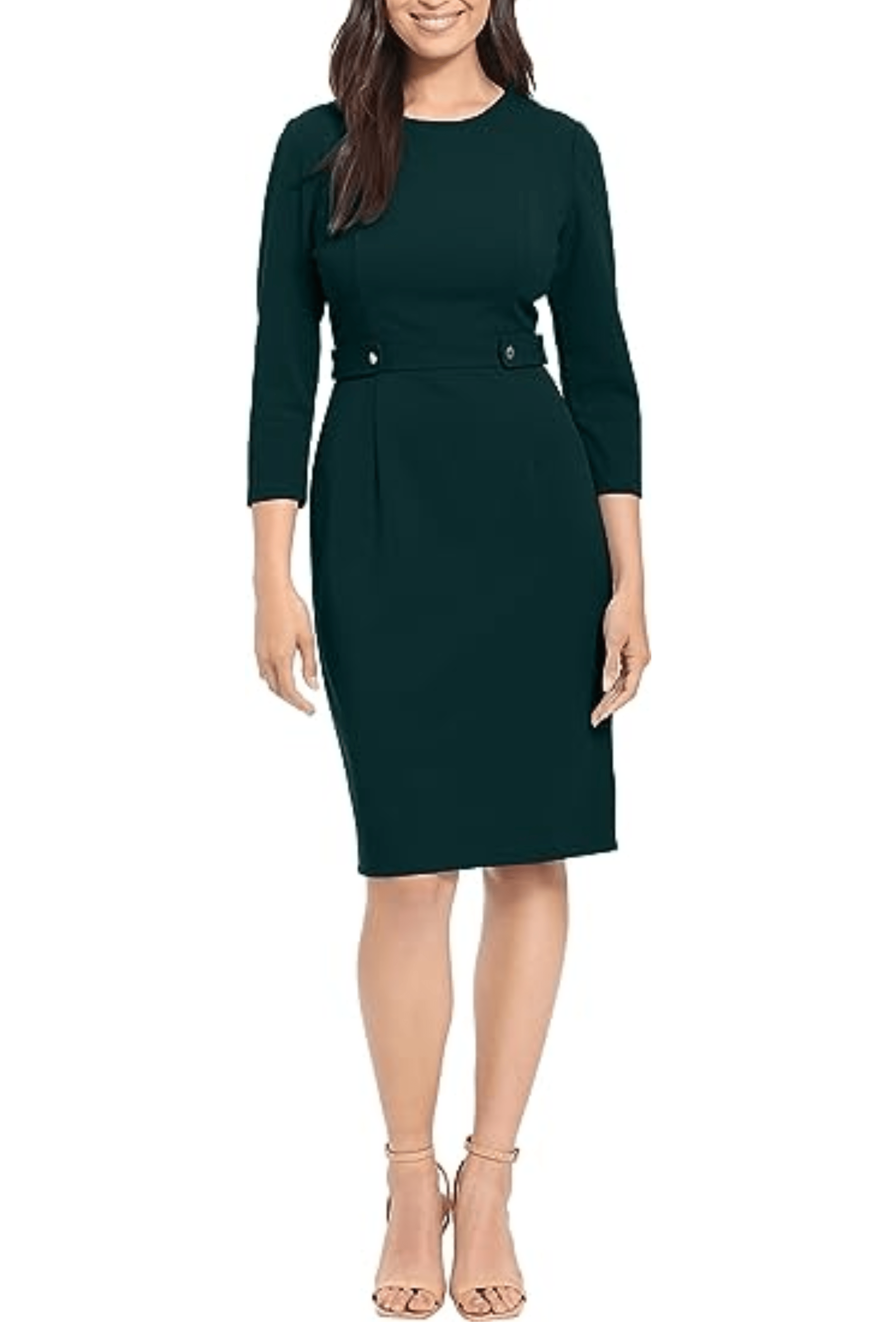 London Times 3/4 Sleeve Button Waist Sheath Dress Deep Teal / 4 London Times 3/4 Sleeve Button Waist Sheath Dress Deep Teal / 4