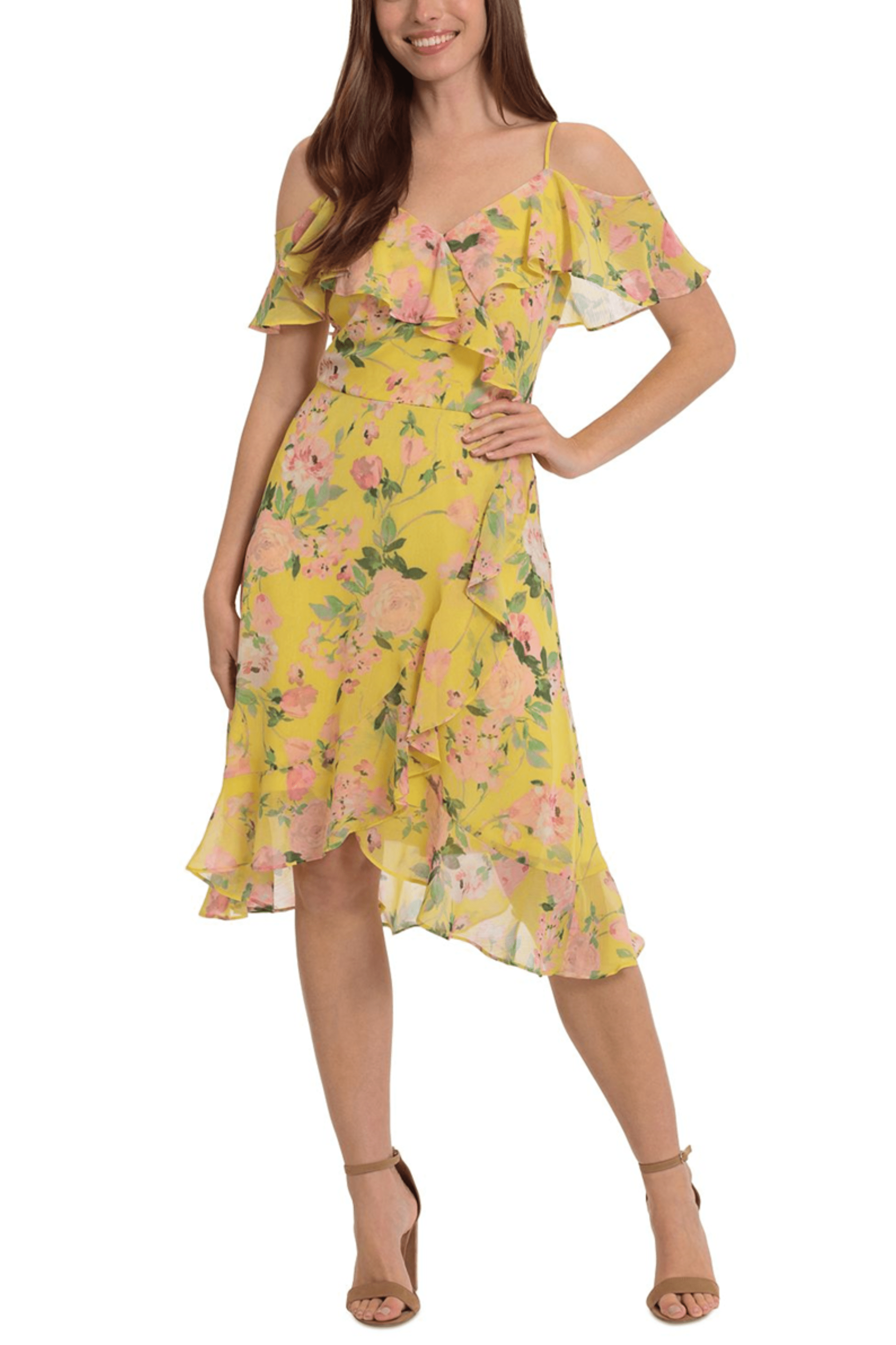 London Times Floral Flutter Off-the-Shoulder Dress YELLOW PINK / 2 London Times Floral Flutter Off-the-Shoulder Dress YELLOW PINK / 2