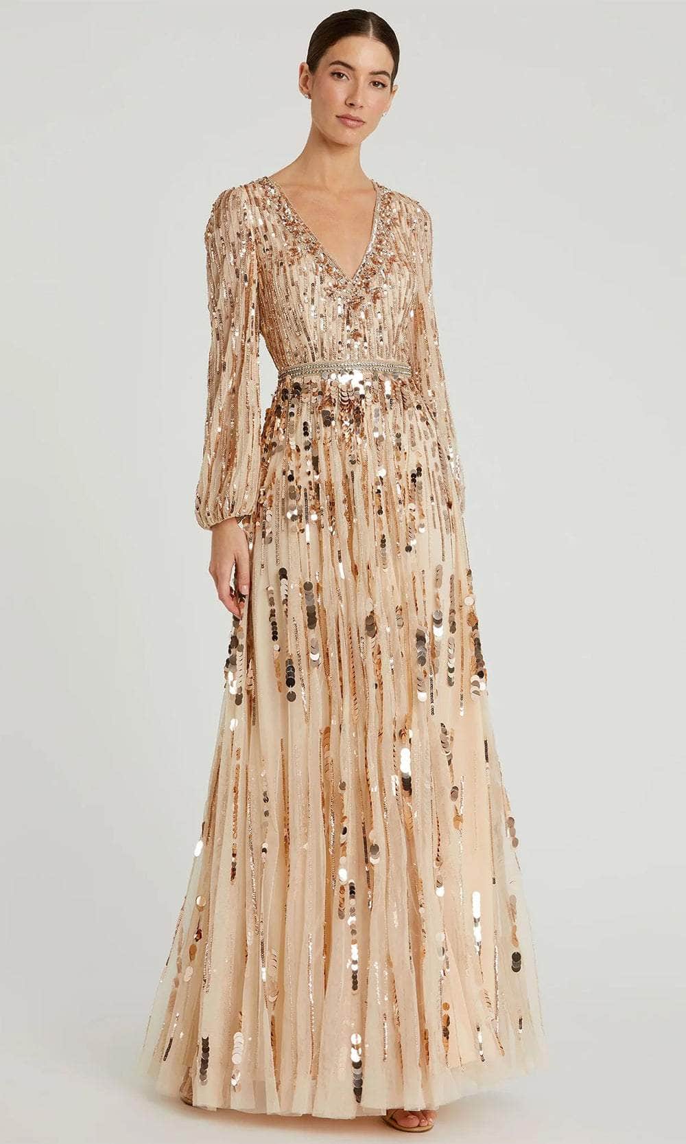 mac duggal puff sleeve sequin dress Embellished Mesh Long Sleeve V Neck Gown