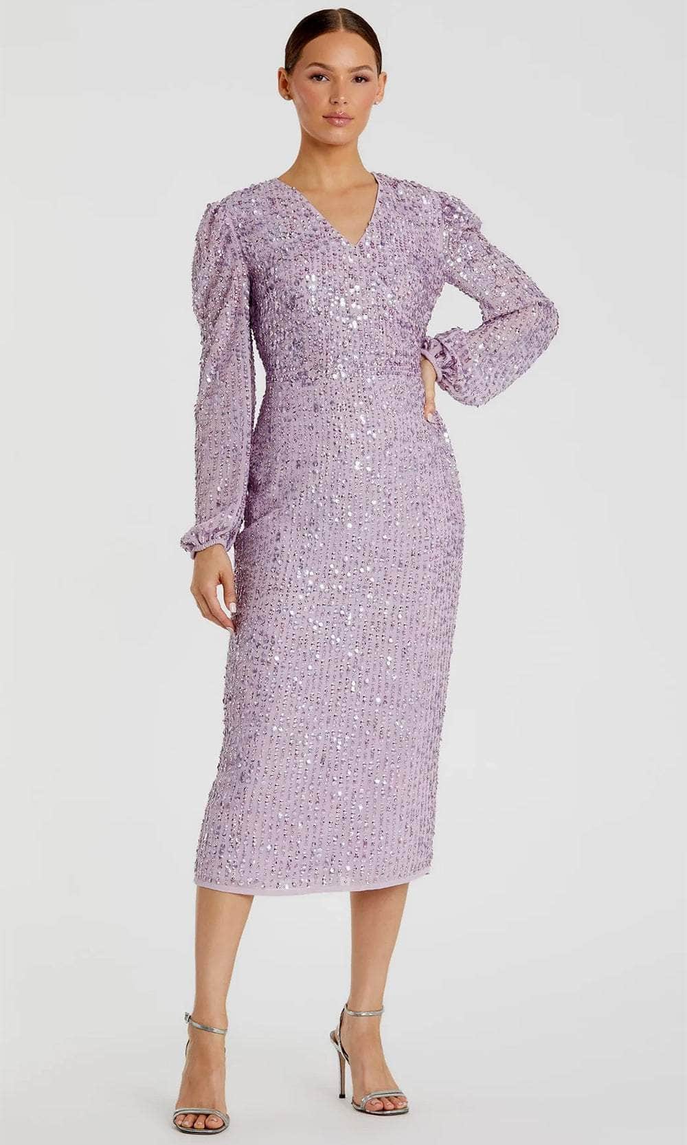Mac Duggal Wedding Guest Purple Sequined Illusion Puff Sleeve V Neck Midi Dress Size US 14 Mac Duggal 107641 - Tea Length Column Dress - Long Puff Sleeve, Linear  Sequin, Thin Waistband, Full Back, Center-Back Slit, Fitted – Couture Candy