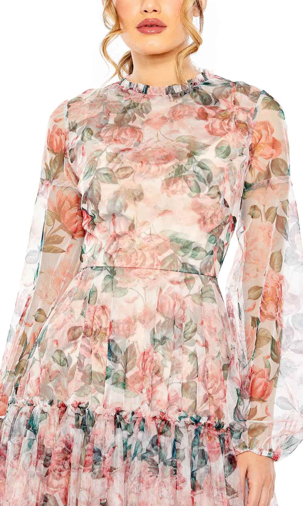 Mac Duggal - Multicolor Floral High Neck Balloon Sleeve Midi Dress - White Multi / US 12 Mac Duggal - Multicolor Floral High Neck Balloon Sleeve Midi Dress - White Multi / US 12