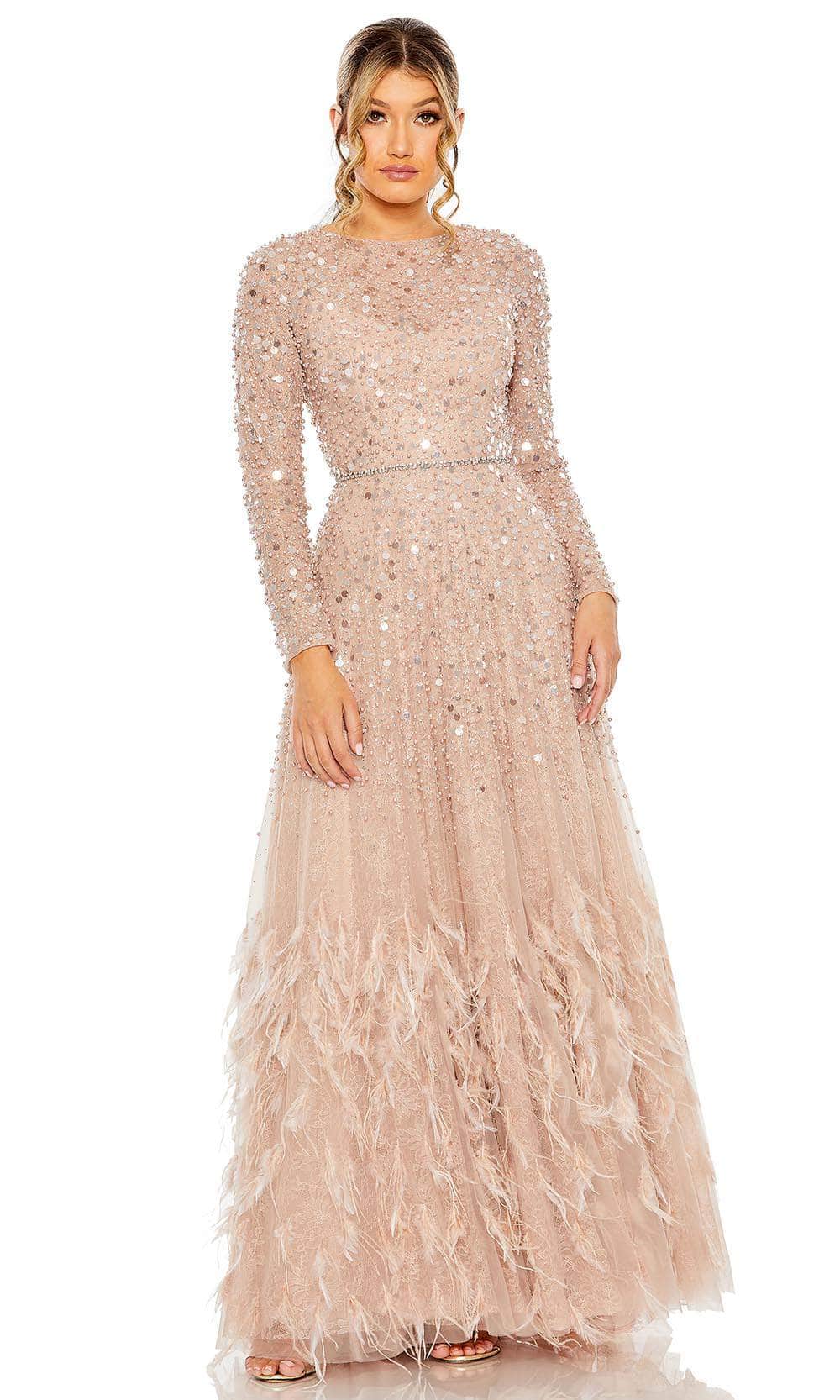 Mac Duggal - Pink Disc Embellished Sequin Gown with Feather Detail - US 14 Mac Duggal - Pink Disc Embellished Sequin Gown with Feather Detail - US 14
