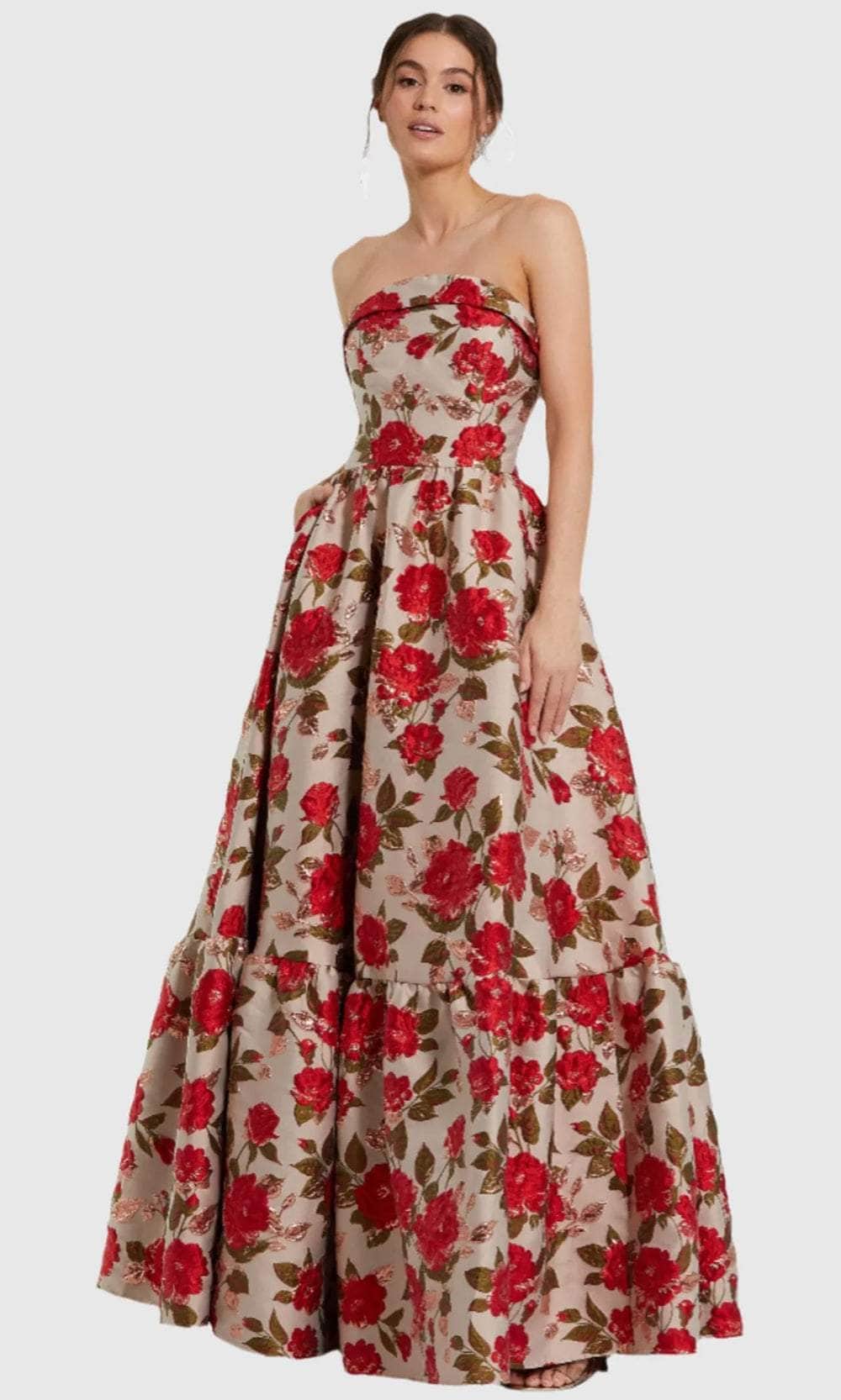 Mac Duggal Women's Strapless Floral Brocade Ruffle Hem Detail Gown - Red - Size 14