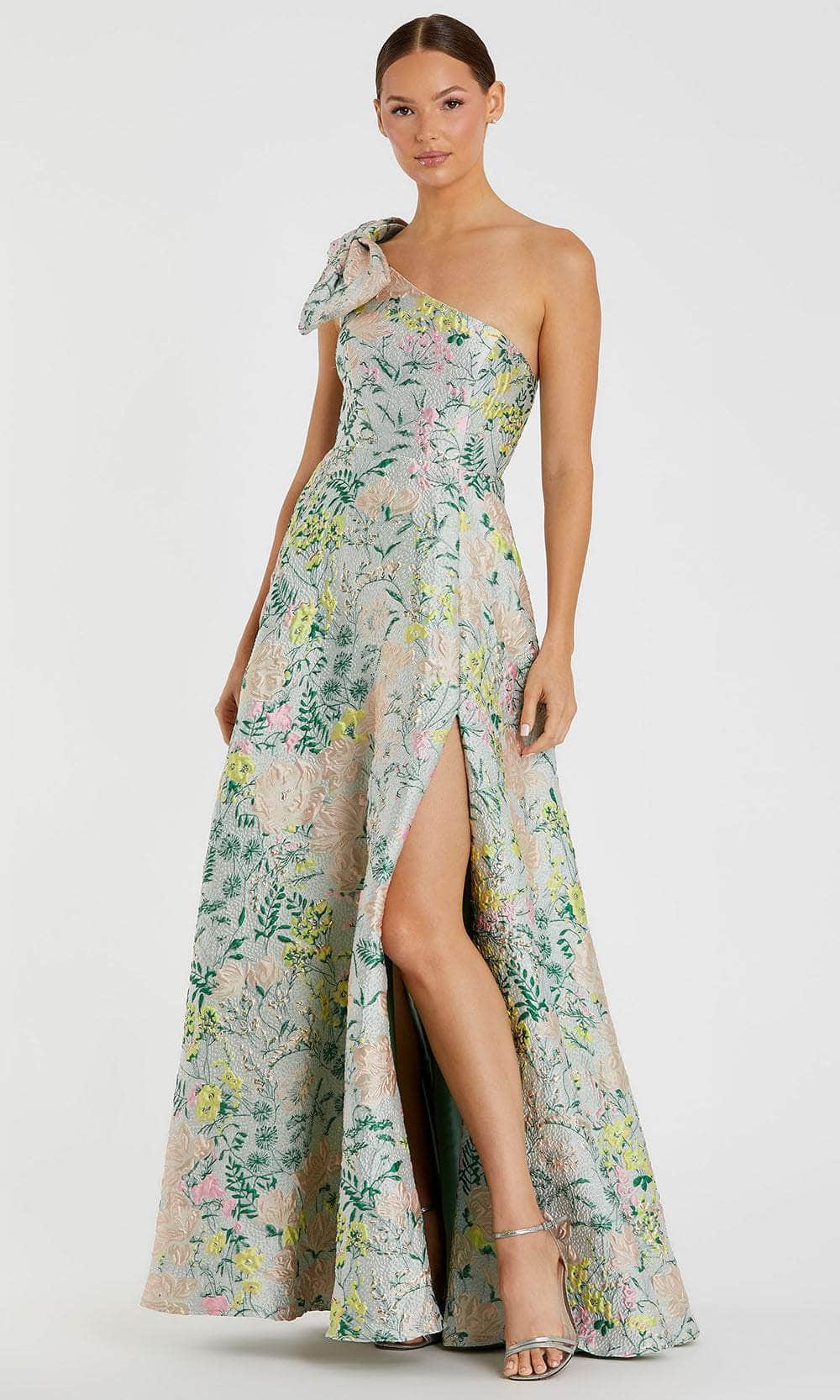 mac duggal one shoulder dress Mac Duggal - Multicolor One Shoulder Brocade Floral Gown With Bow