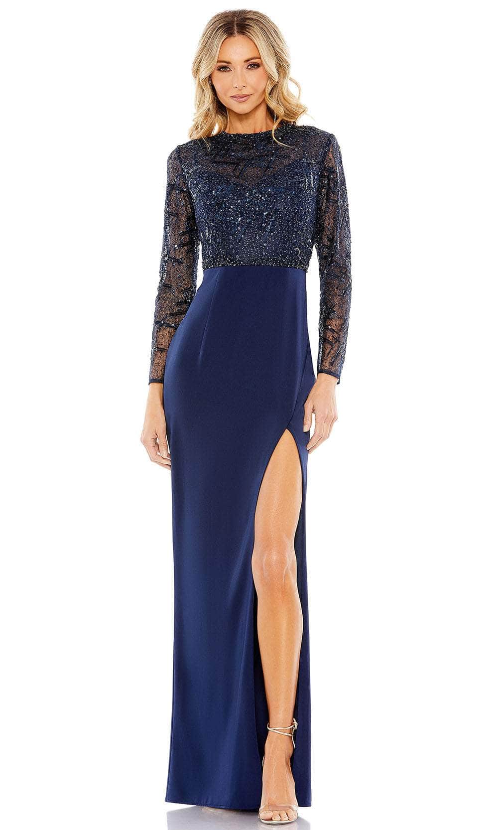 Mac Duggal Women's Embellished High Neck Bodice Faux Wrap Gown - Blue - Size 18 - Midnight Mac Duggal Women's Embellished High Neck Bodice Faux Wrap Gown - Blue - Size 18 - Midnight