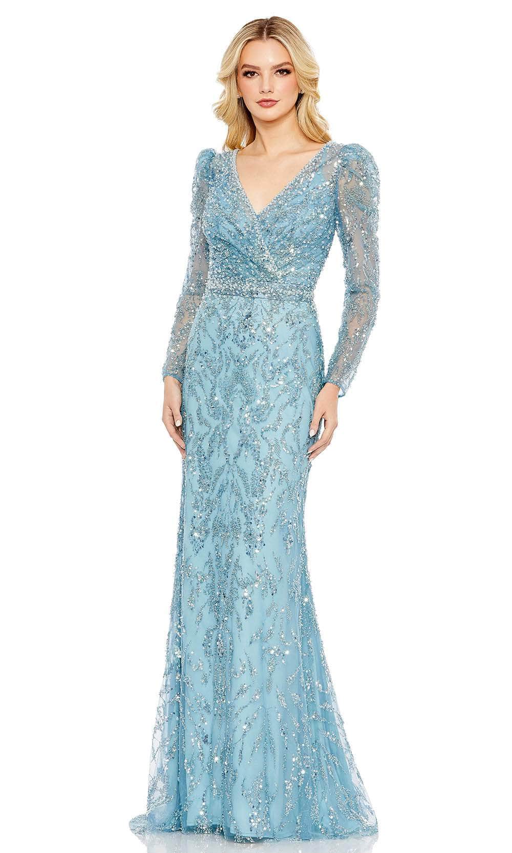 mac duggal puff sleeve sequin dress Orange Floral Print Sequined Puff Sleeve Gown