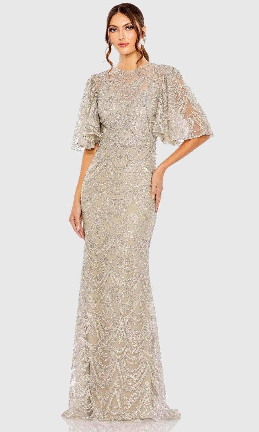 Mac Duggal - Beige and Silver Flutter Sleeve High Neck Gown - Taupe / US 16 Mac Duggal - Beige and Silver Flutter Sleeve High Neck Gown - Taupe / US 16