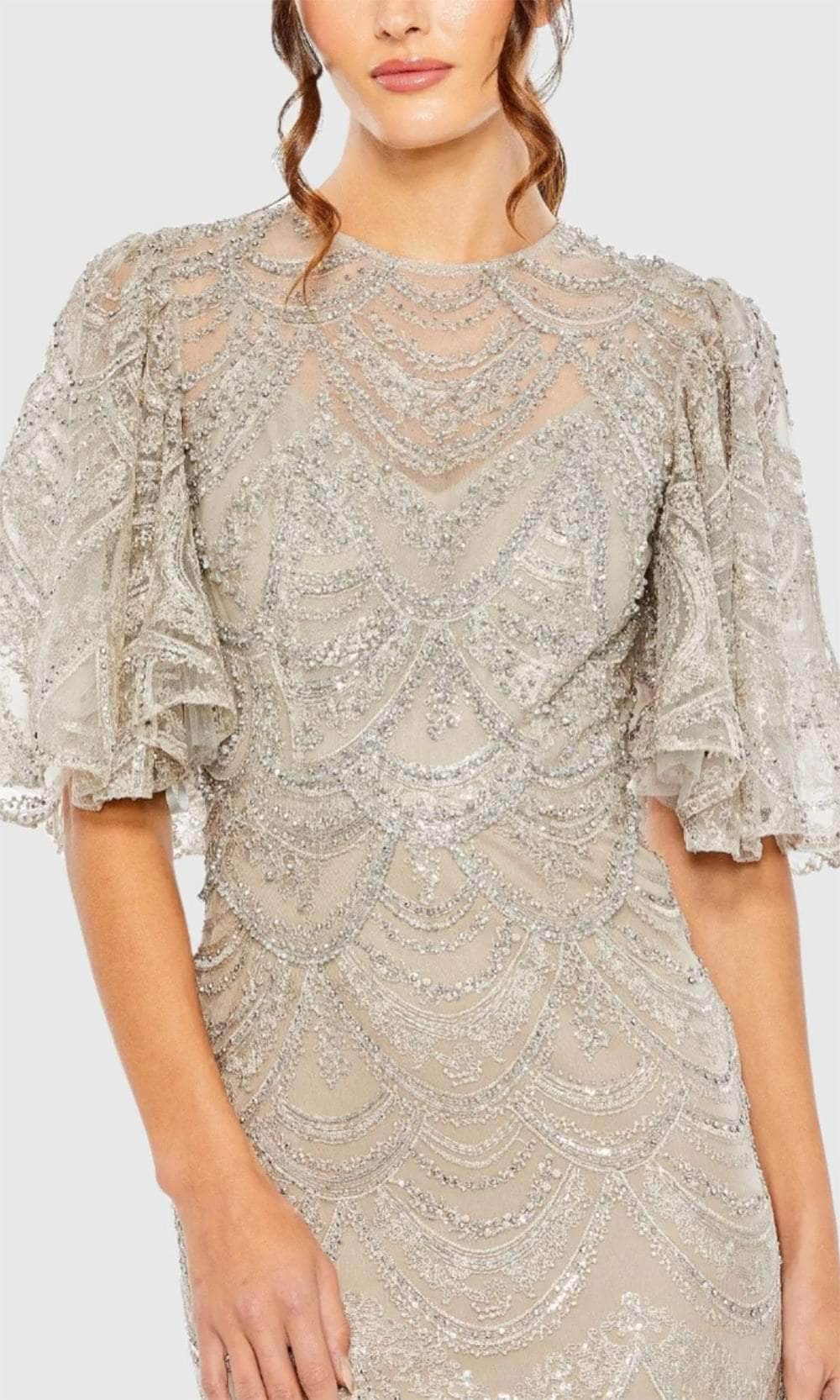 Mac Duggal - Beige and Silver Flutter Sleeve High Neck Gown - Taupe / US 16 Mac Duggal - Beige and Silver Flutter Sleeve High Neck Gown - Taupe / US 16