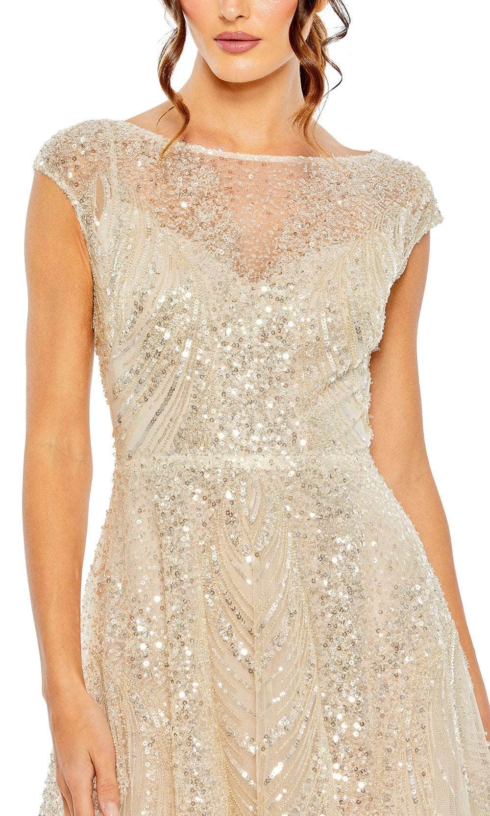 mac duggal champagne dress Mac Duggal Brocade V-Neck Gown With Bow Straps
