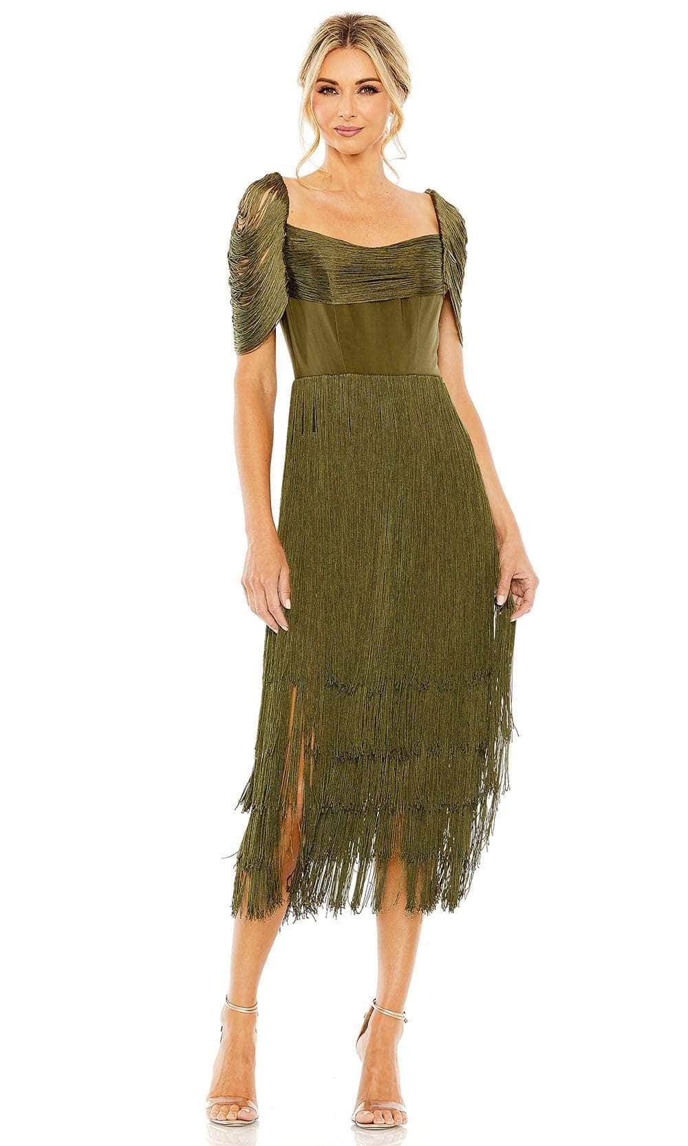 Short Sleeve Fringe Detailed Midi Dress - Mac Duggal Olive / US 4 Short Sleeve Fringe Detailed Midi Dress - Mac Duggal Olive / US 4