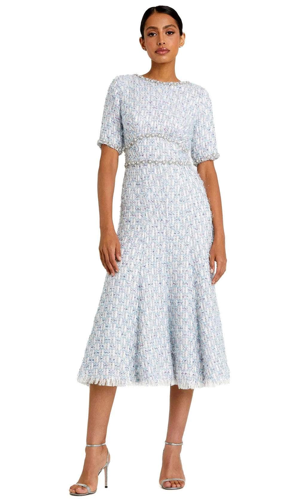 Mac Duggal Short Sleeve Beaded Trim Boucle Midi Dress, Womens, 12, Blue Multi Mac Duggal Short Sleeve Beaded Trim Boucle Midi Dress, Womens, 12, Blue Multi
