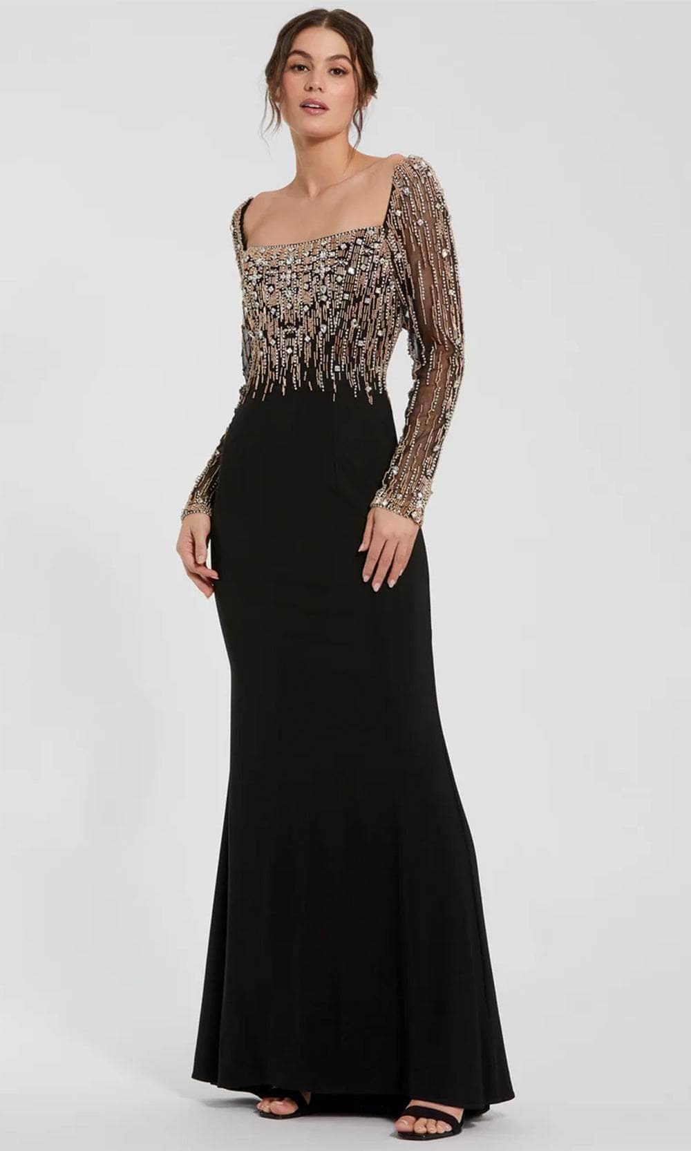 Mac Duggal - Beaded Square Neck Long Sleeve Jersey Gown - Black Gold Mac Duggal - Beaded Square Neck Long Sleeve Jersey Gown - Black Gold
