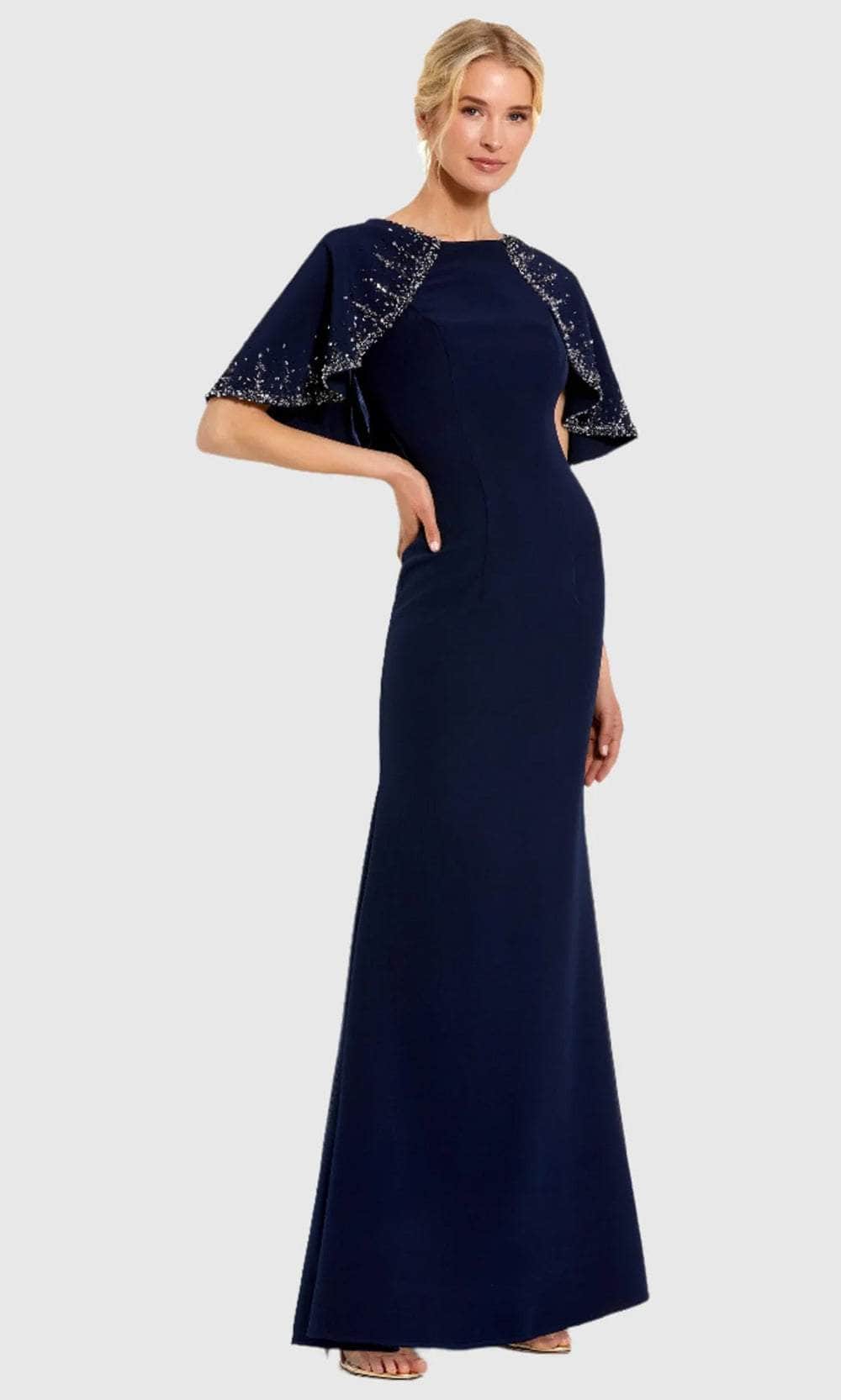 Mac Duggal - Navy Crepe High Neck Fitted Gown with Beaded Shawl - Midnight / US 10 Mac Duggal - Navy Crepe High Neck Fitted Gown with Beaded Shawl - Midnight / US 10