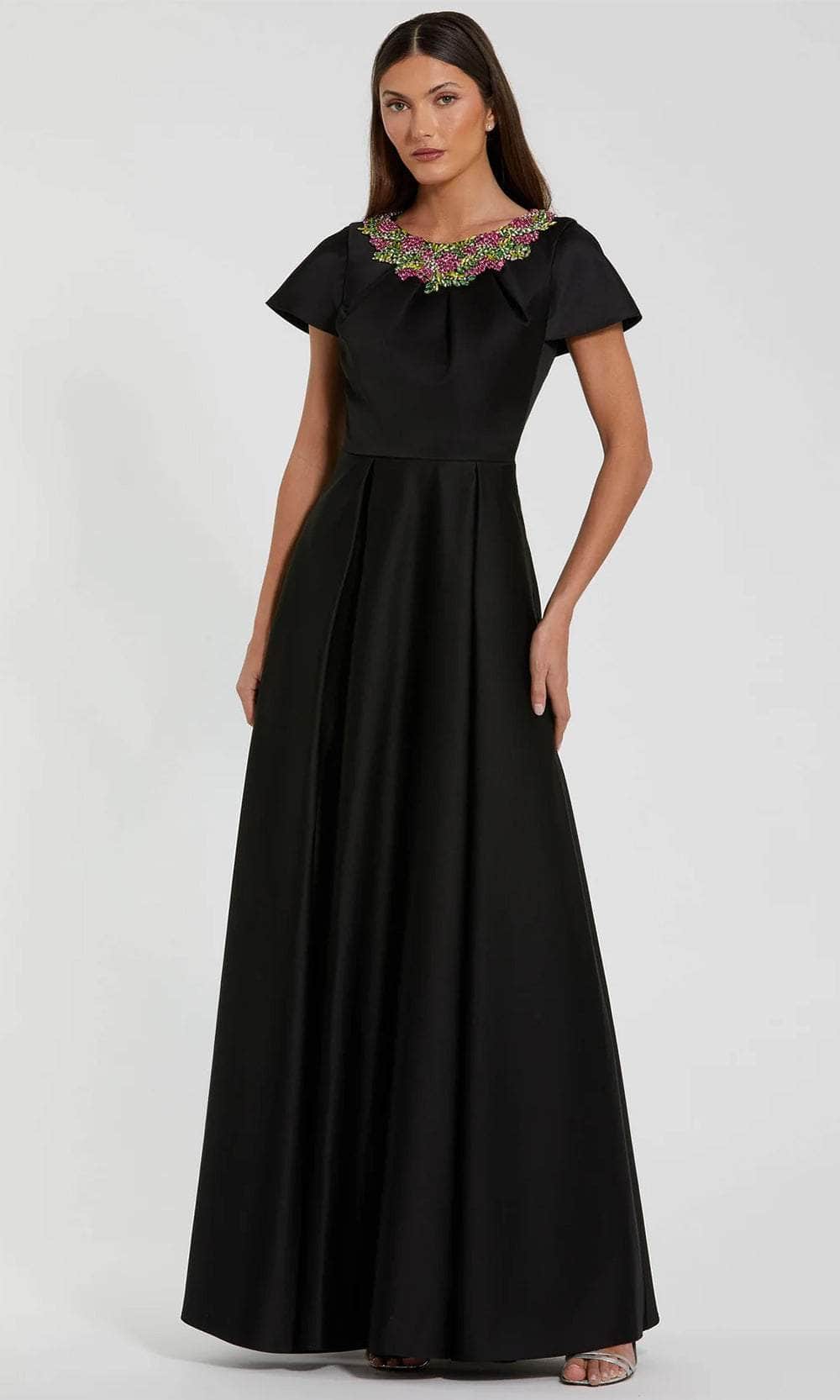 Mac Duggal Satin Flutter Sleeve Gown With Beaded Neckline - Black Mac Duggal Satin Flutter Sleeve Gown With Beaded Neckline - Black