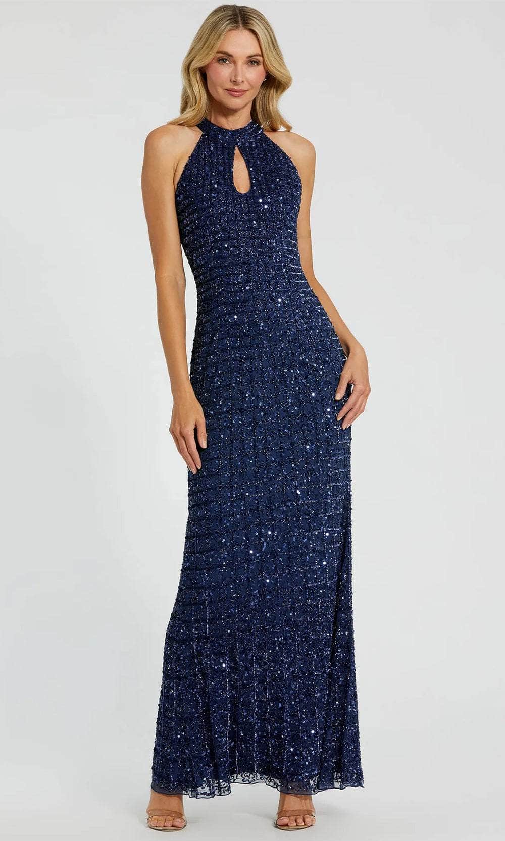 Mac Duggal - Silver Embellished Halter Neck Keyhole Gown - US 14 Mac Duggal - Silver Embellished Halter Neck Keyhole Gown - US 14