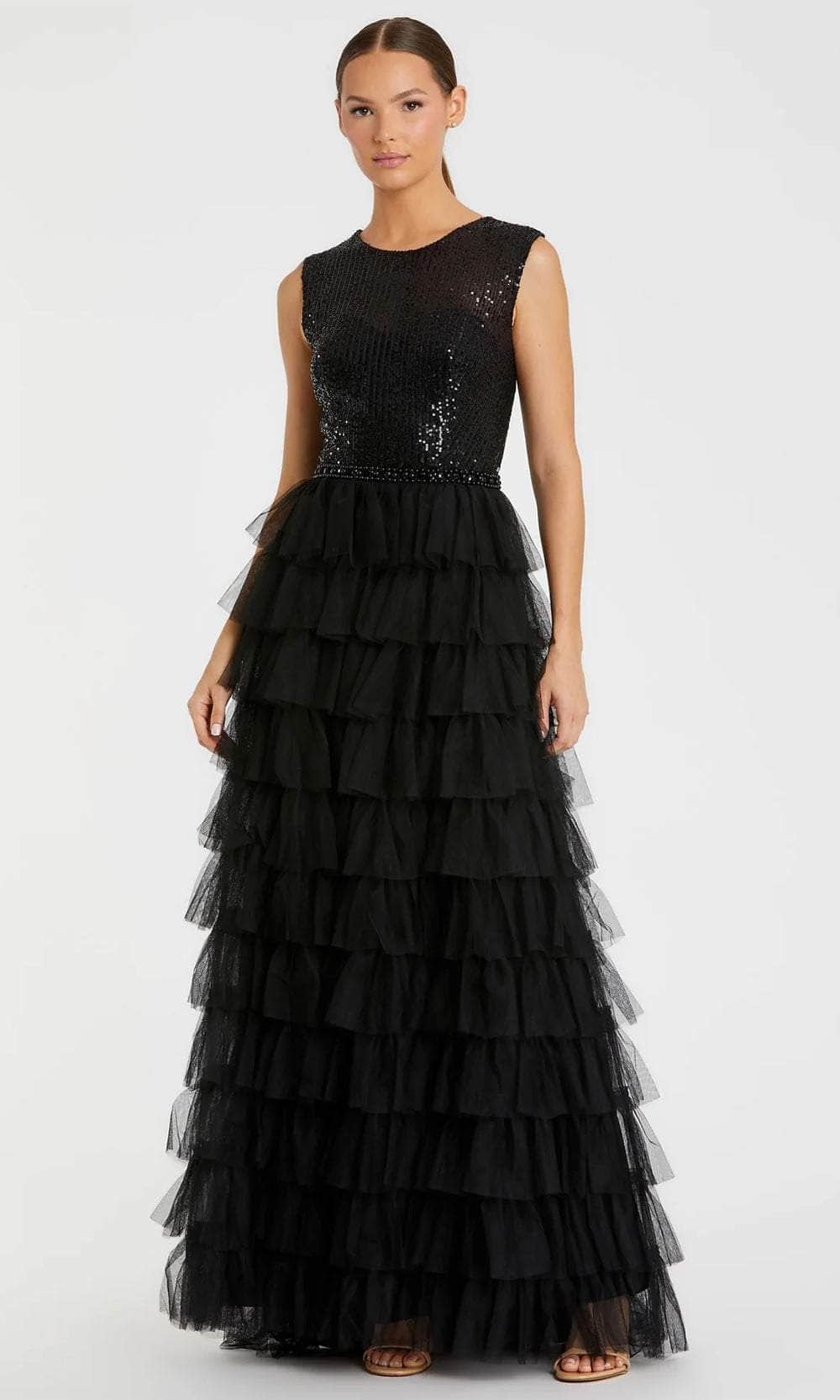 mac duggal black sequin dress Sleeveless Column Gown With Velvet Bow The sweetheart neckline is embellished with sheer beaded overlay that arch across the collarbone and shoulder Mac Duggal 5124 Jewel Neckline
