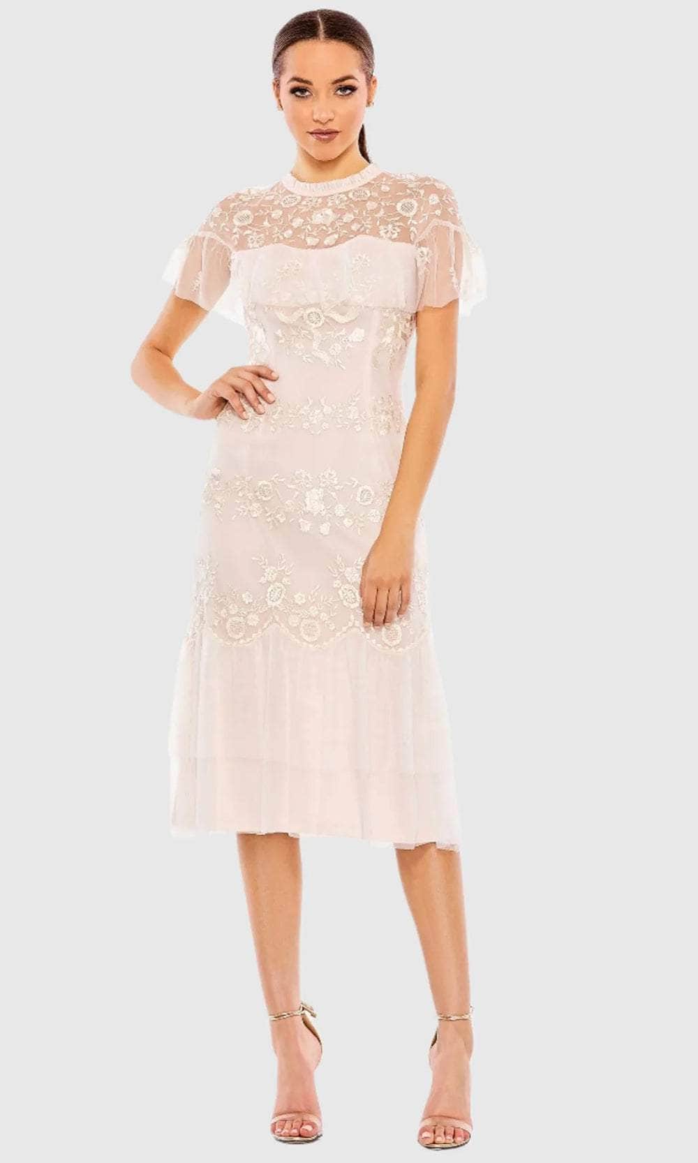 Mac Duggal 35147 - Floral Embroidered High Neck Evening Dress - 2 / Blush Mac Duggal 35147 - Tea Length Embroidery fabric (100% polyester) Sheath  Dress - Floral Embroidery, Ruffles, Illusion Yoke, Short Sleeve, Full Back,  Tiered Skirt – Couture Candy