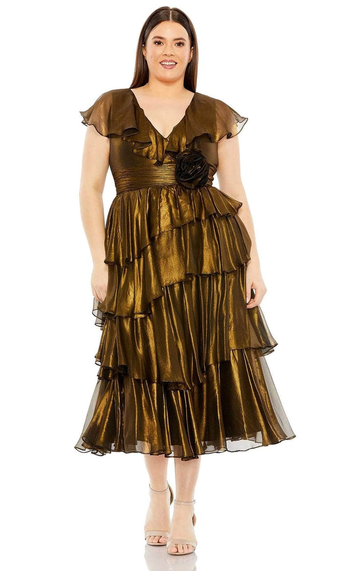Mac Duggal 49775W - Ruffled Tea-Length Evening Dress Evening Dresses 14W / Black Gold