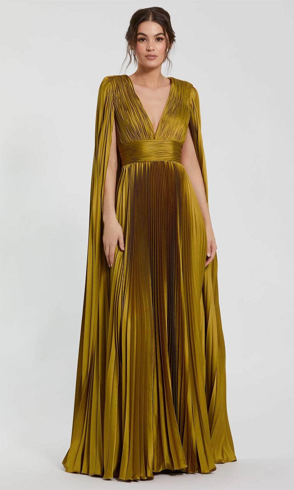 Mac Duggal Pleated Charmeuse V-Neck Gown With Cape - Green Mac Duggal Pleated Charmeuse V-Neck Gown With Cape - Green