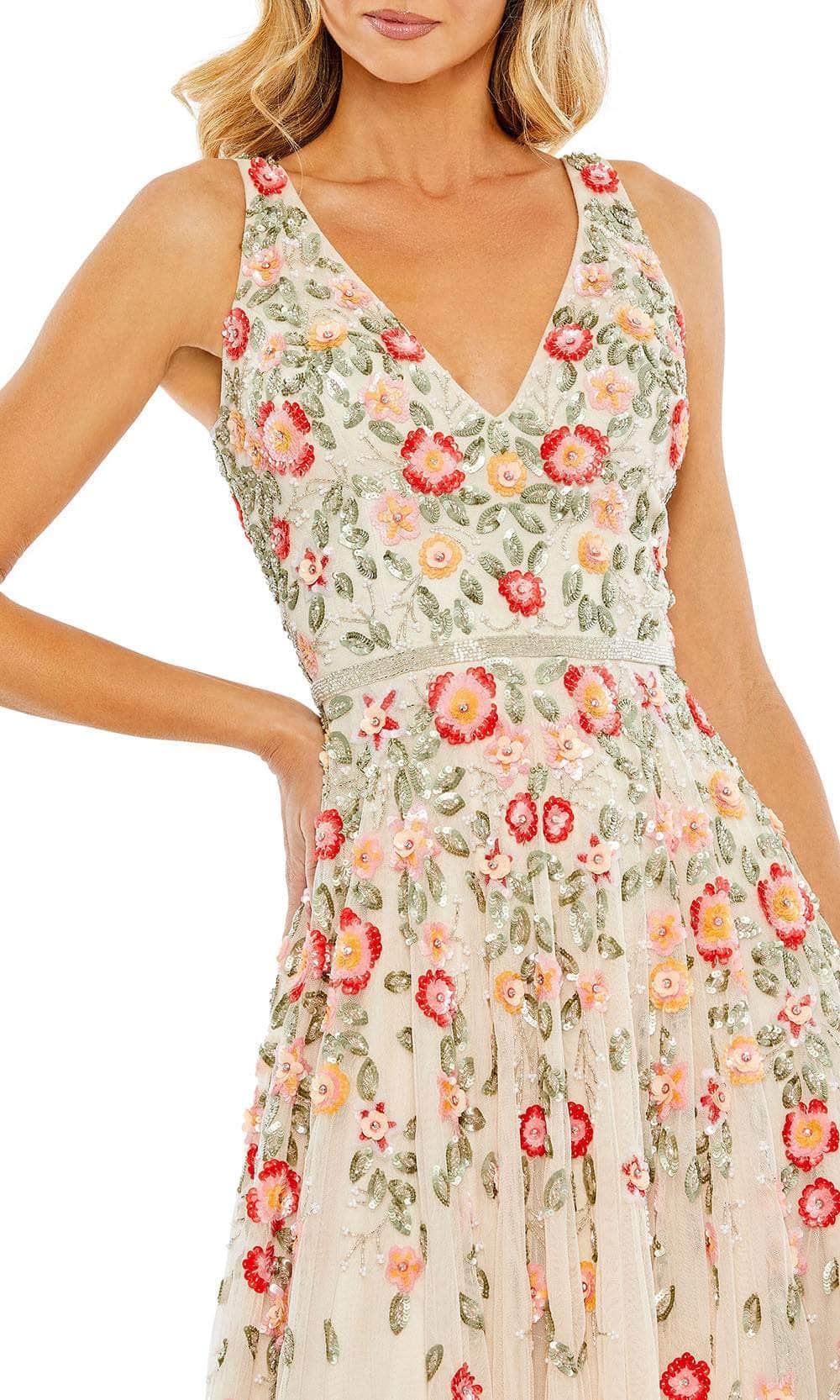Mac Duggal - White V-Neck Sleeveless Midi Floral Beaded A-Line Dress - US 10 Mac Duggal - White V-Neck Sleeveless Midi Floral Beaded A-Line Dress - US 10