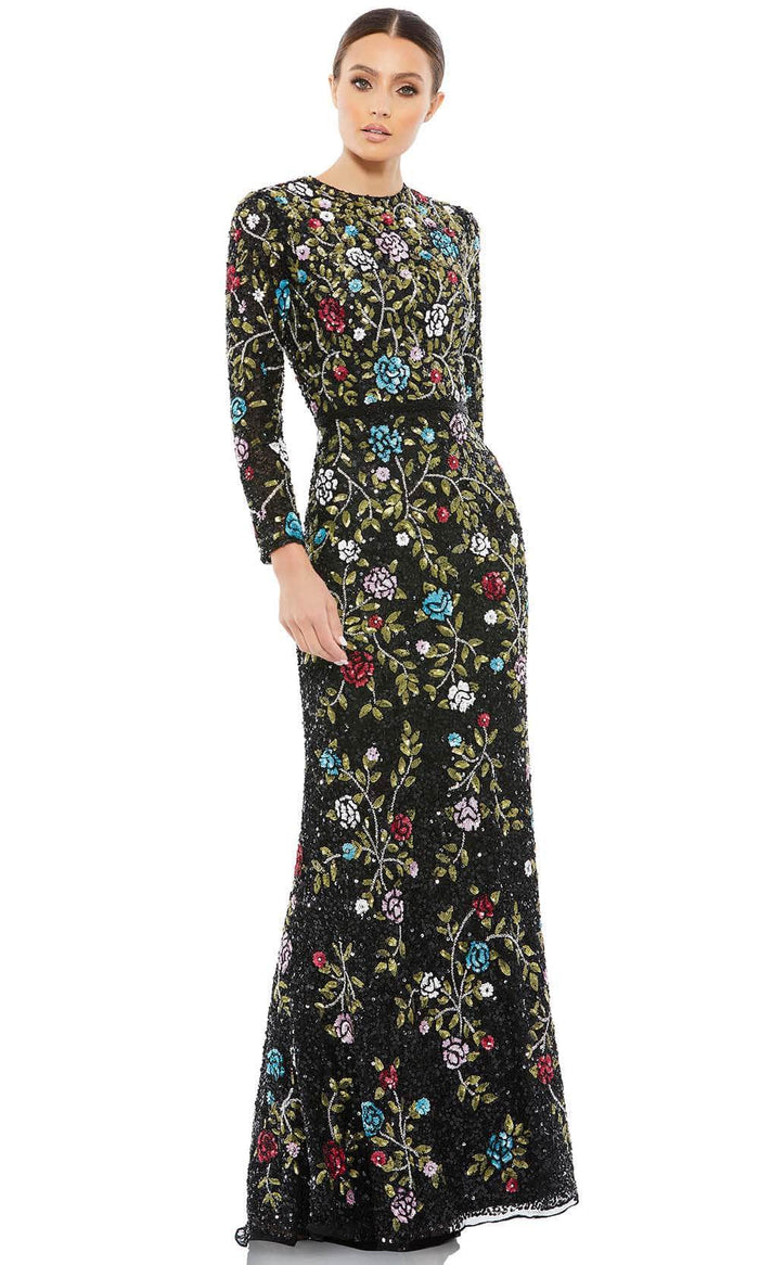 Mac Duggal 5556 - Long Sleeve Floral Sequin Prom Gown Special Occasion Dress 4 / Black Multi