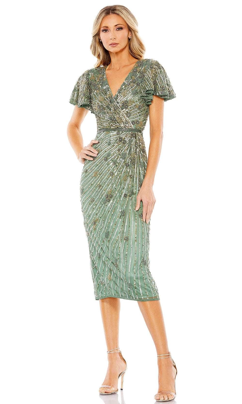 Mac Duggal - Green Embellished Faux Wrap Flutter Sleeve Dress - US 16 Mac Duggal - Green Embellished Faux Wrap Flutter Sleeve Dress - US 16