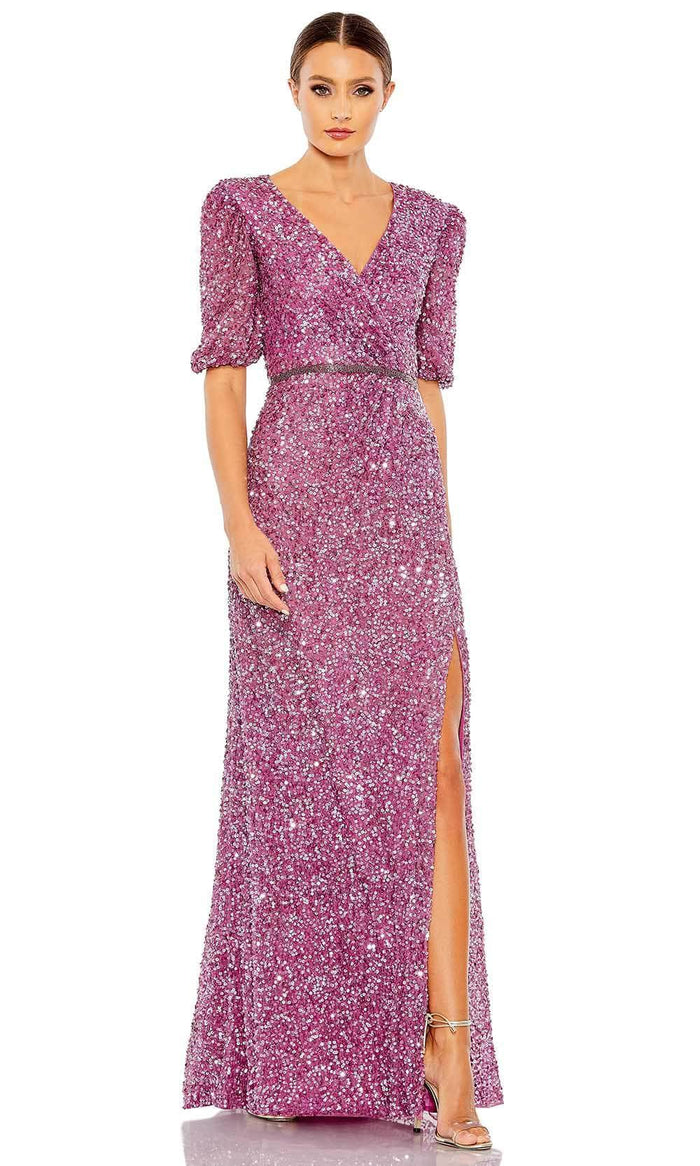 Mac Duggal 5610 - Sequined Short Puff Sleeve Long Dress Evening Dresses 2 / Plum